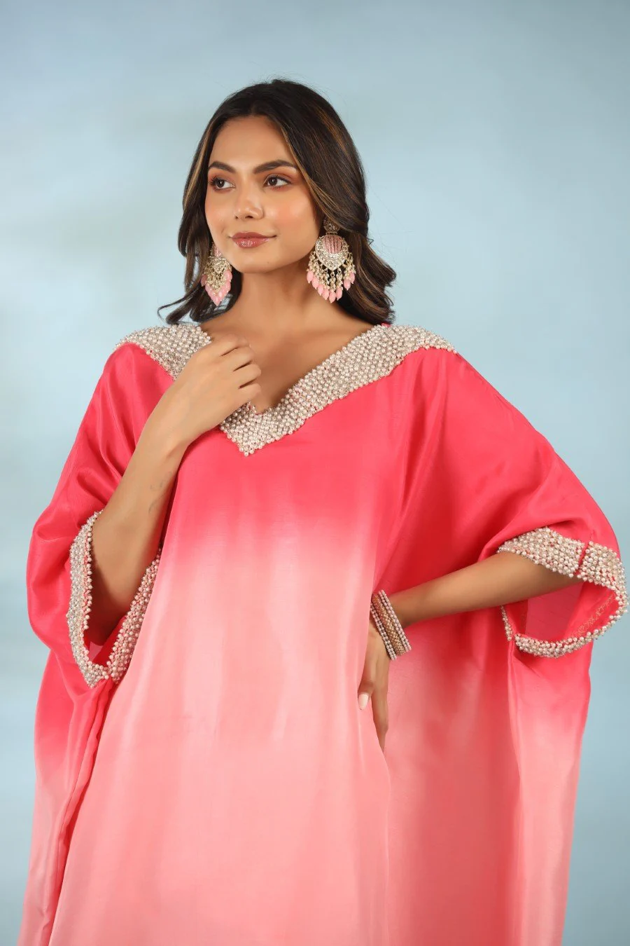 Pink Ombre Pearl Embroidered Kaftan With Pants - Image 2