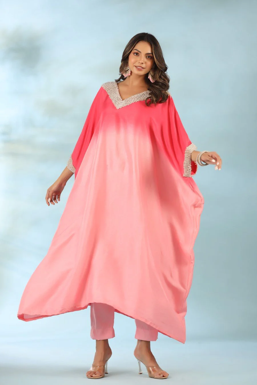 Pink Ombre Pearl Embroidered Kaftan With Pants - Image 3