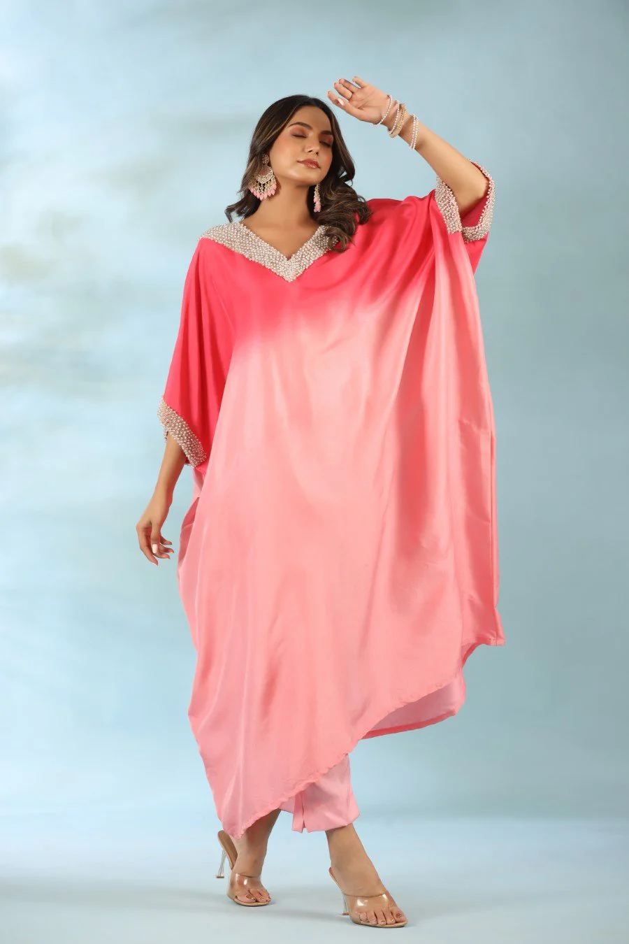 Pink Ombre Pearl Embroidered Kaftan With Pants - Image 4
