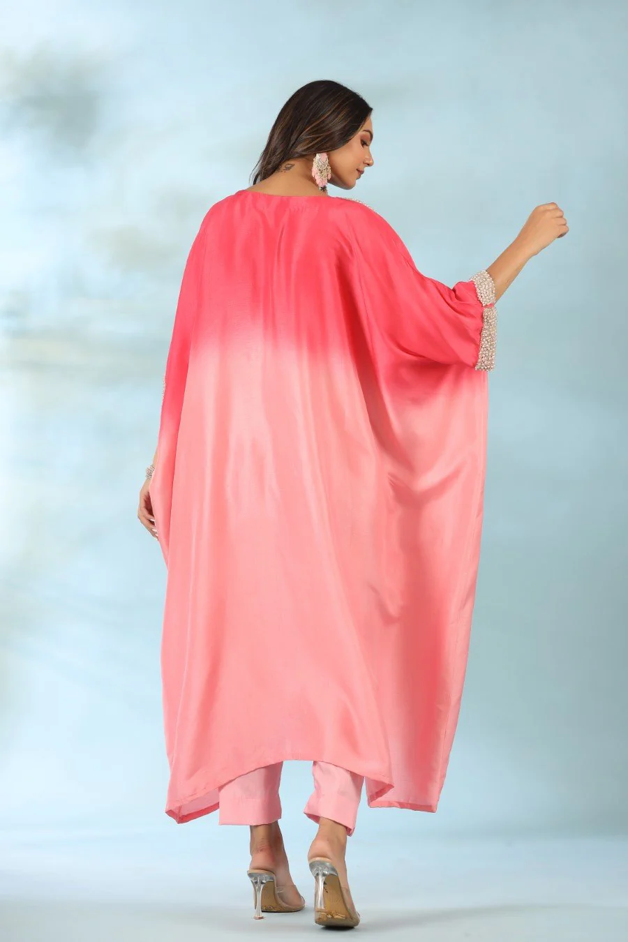 Pink Ombre Pearl Embroidered Kaftan With Pants - Image 5