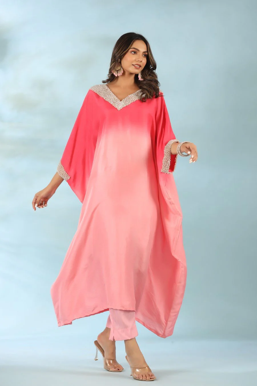 Pink Ombre Pearl Embroidered Kaftan With Pants - Image 6