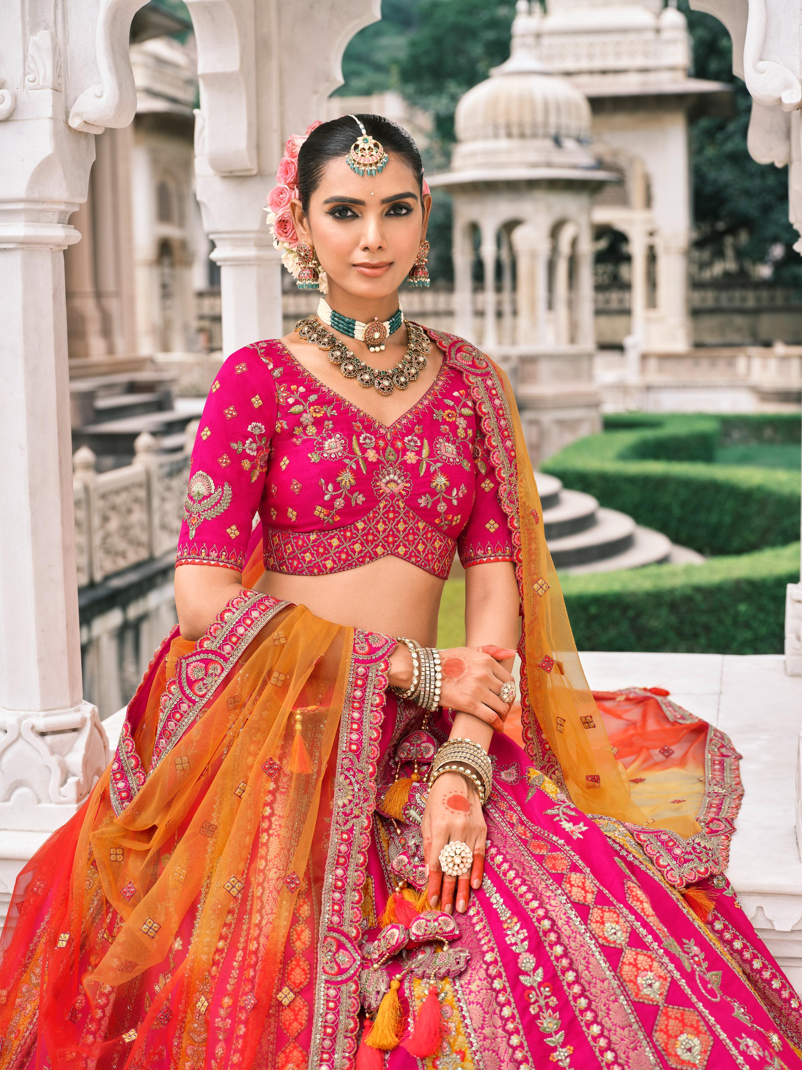 Pink & Orange Multicolour Embellished Shimmer Tissue Silk Lehenga Set - Image 2