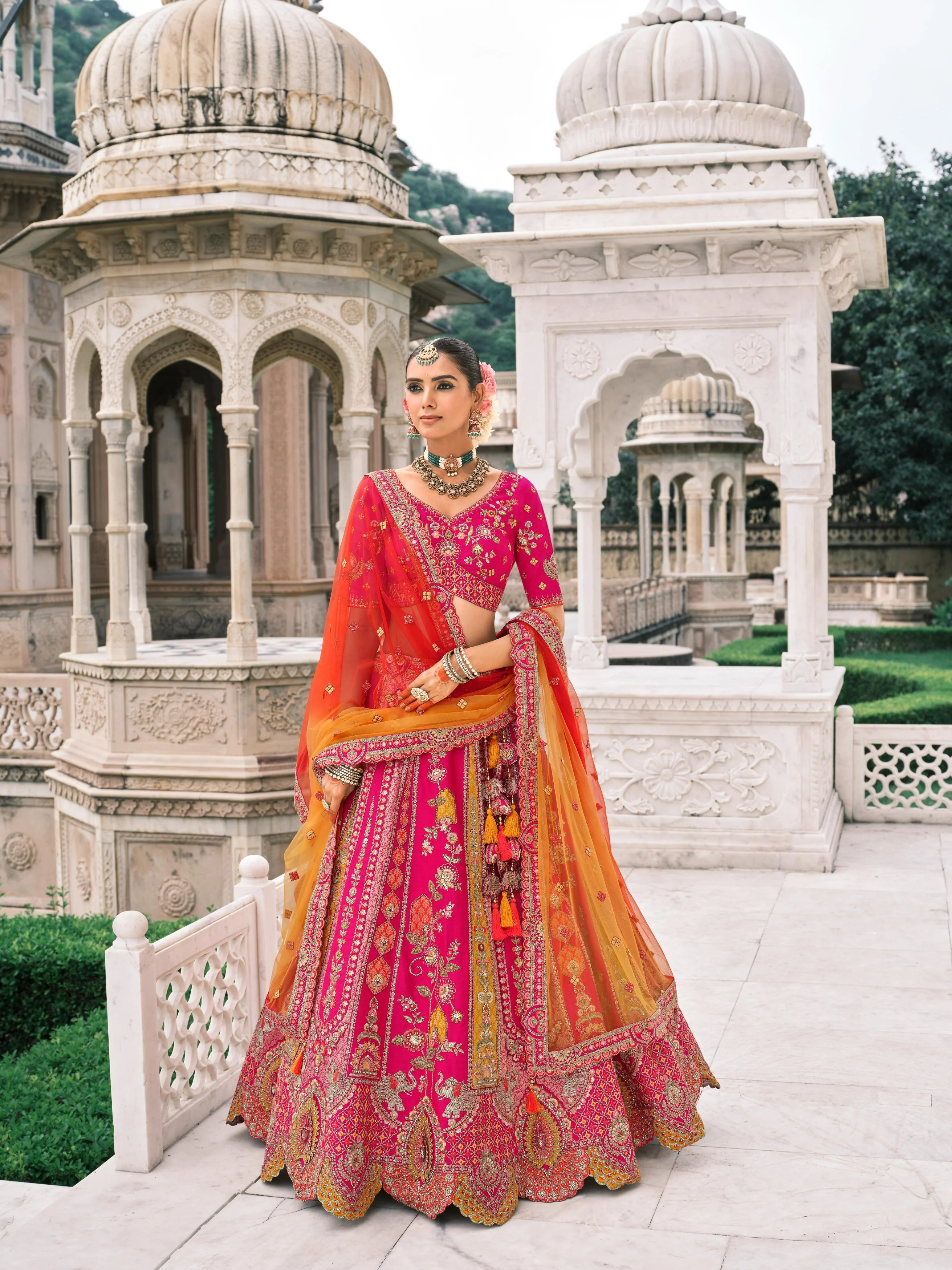 Pink & Orange Multicolour Embellished Shimmer Tissue Silk Lehenga Set - Image 3