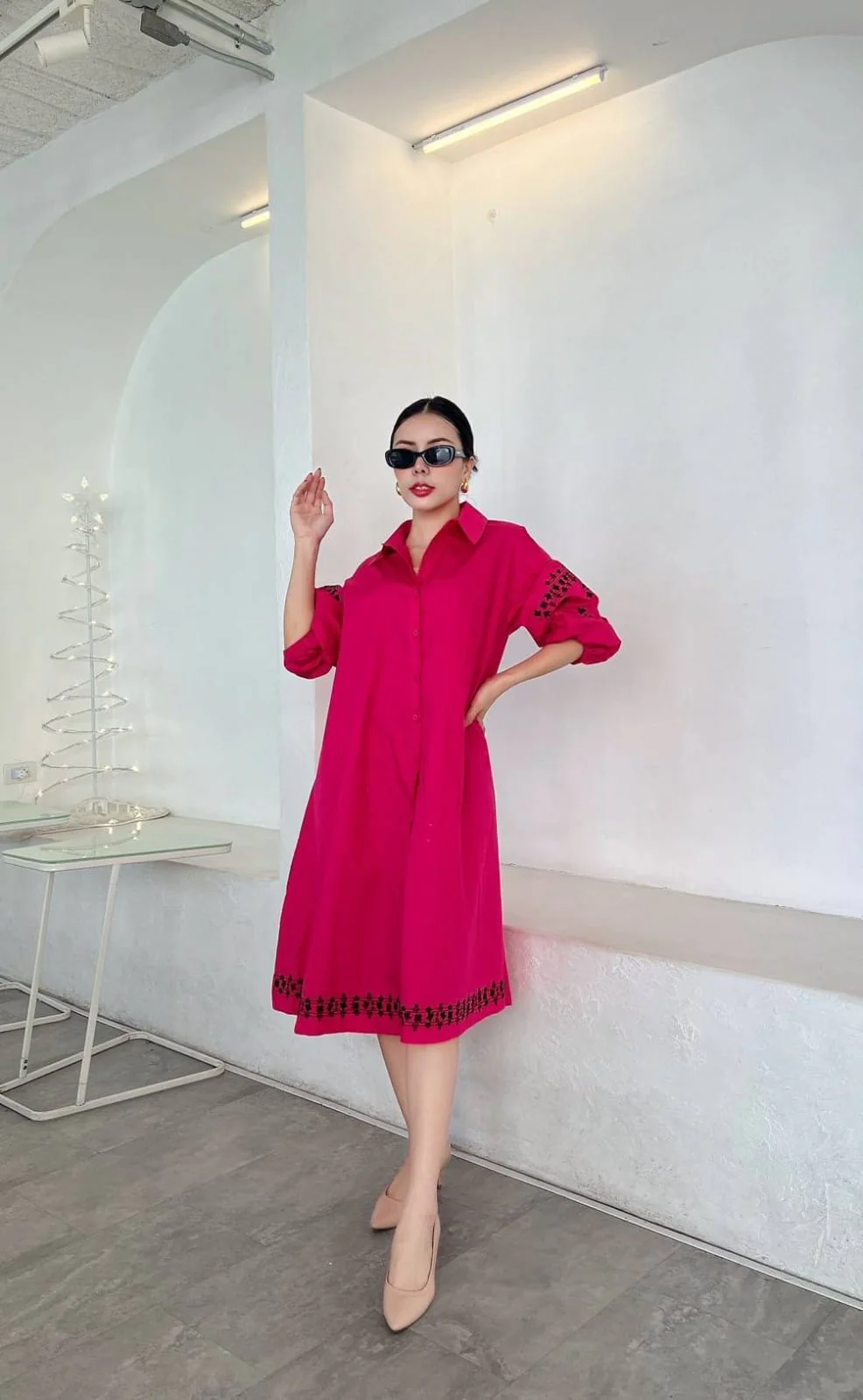 Magenta Pink Printed Pure Cotton Shirt Dress - Image 2