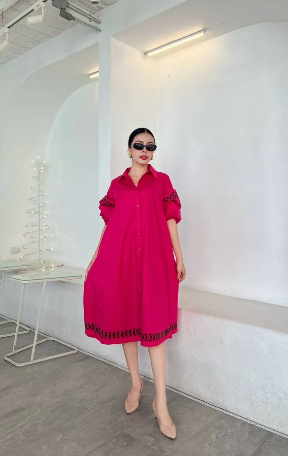 Magenta Pink Printed Pure Cotton Shirt Dress - Image 3