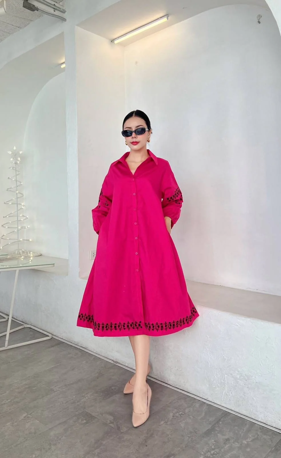 Magenta Pink Printed Pure Cotton Shirt Dress - Image 4