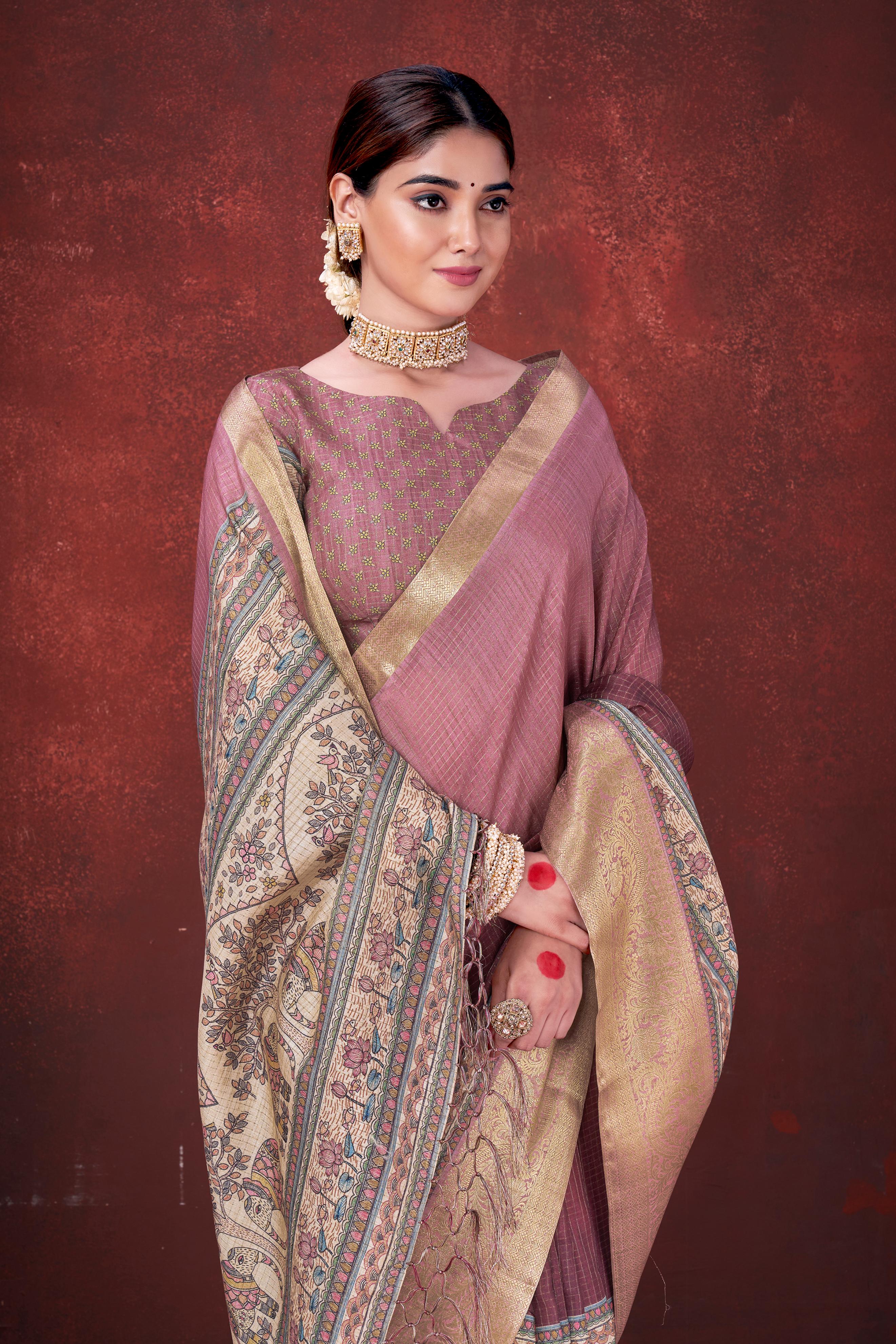 Pink Premium Silk Saree with Foil Floral Print - Image 2