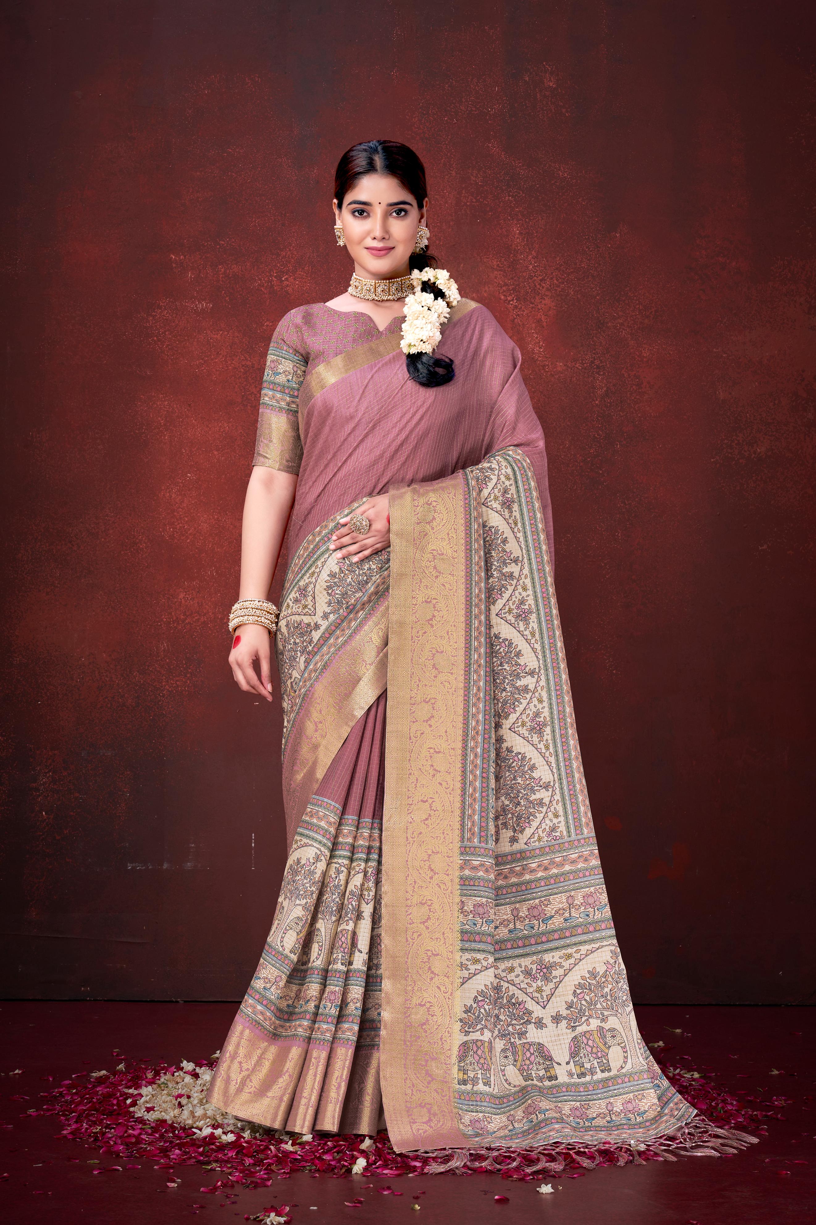 Pink Premium Silk Saree with Foil Floral Print - Image 3
