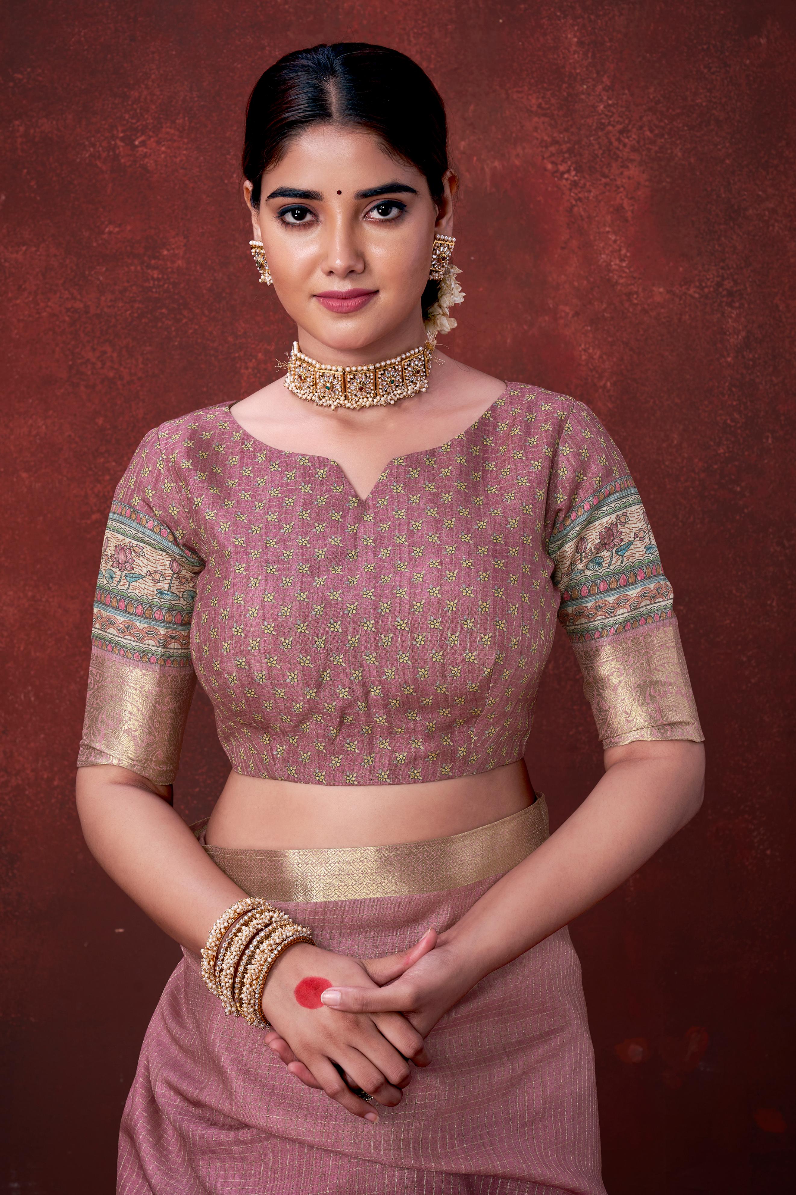 Pink Premium Silk Saree with Foil Floral Print - Image 4