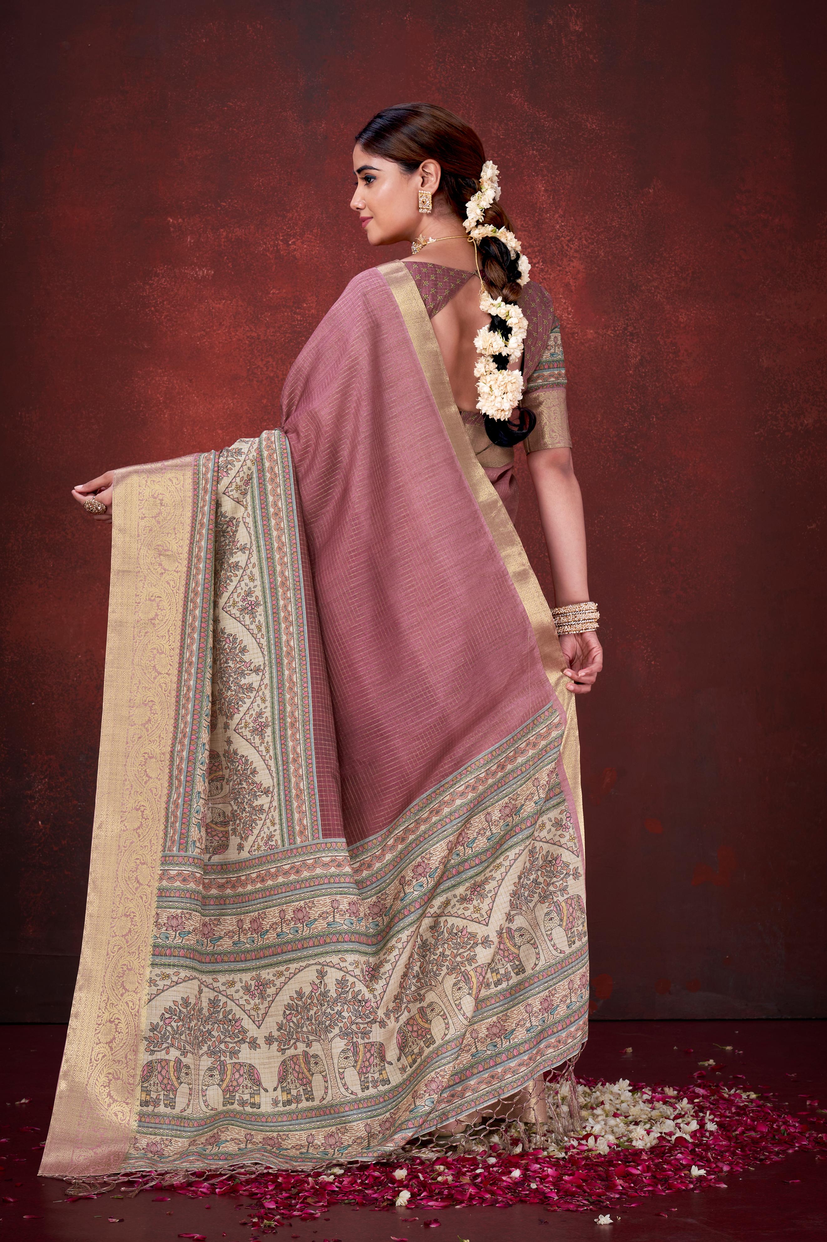 Pink Premium Silk Saree with Foil Floral Print - Image 5