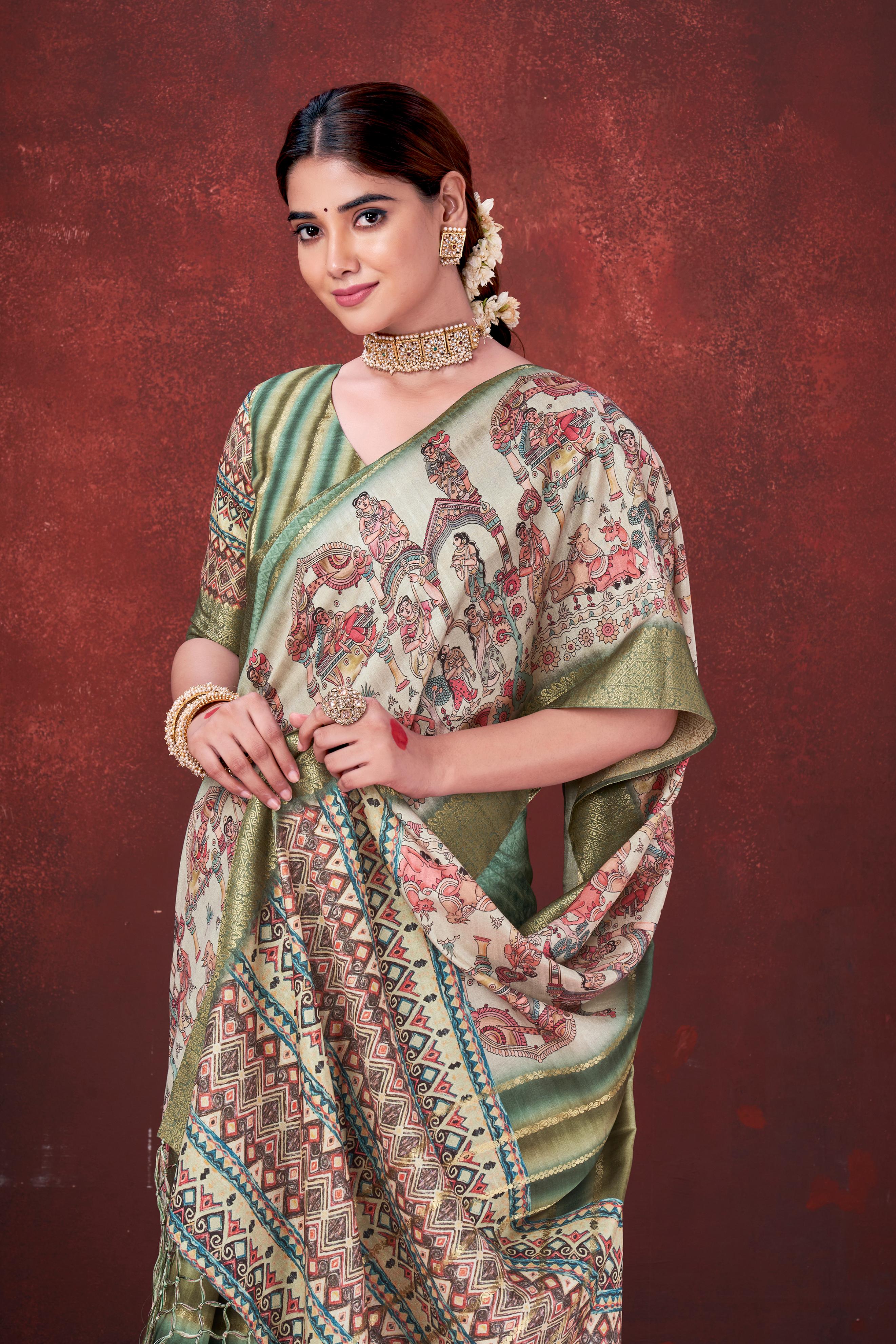Green Premium Silk Saree with Foil Floral Print - Image 2