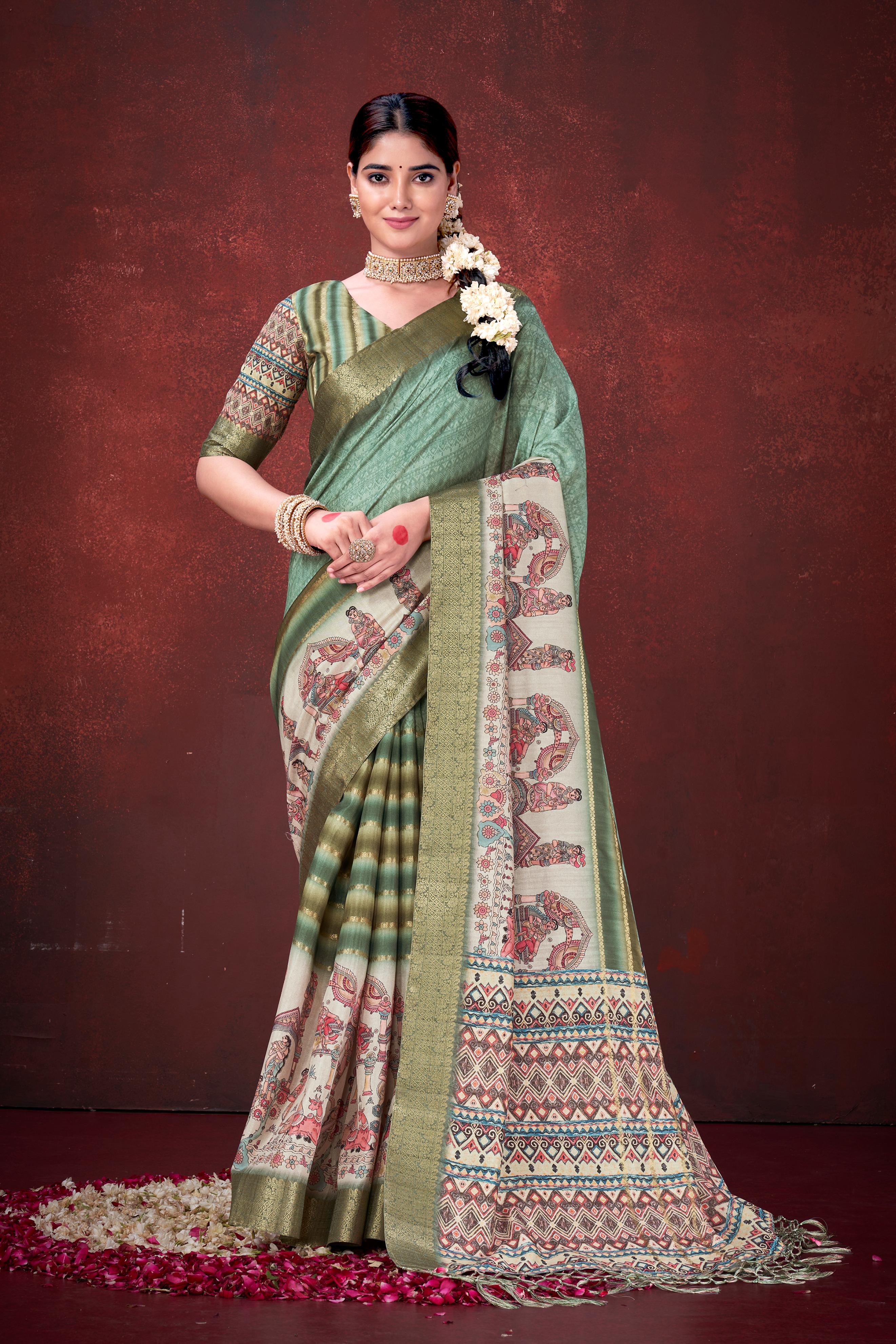 Green Premium Silk Saree with Foil Floral Print - Image 3