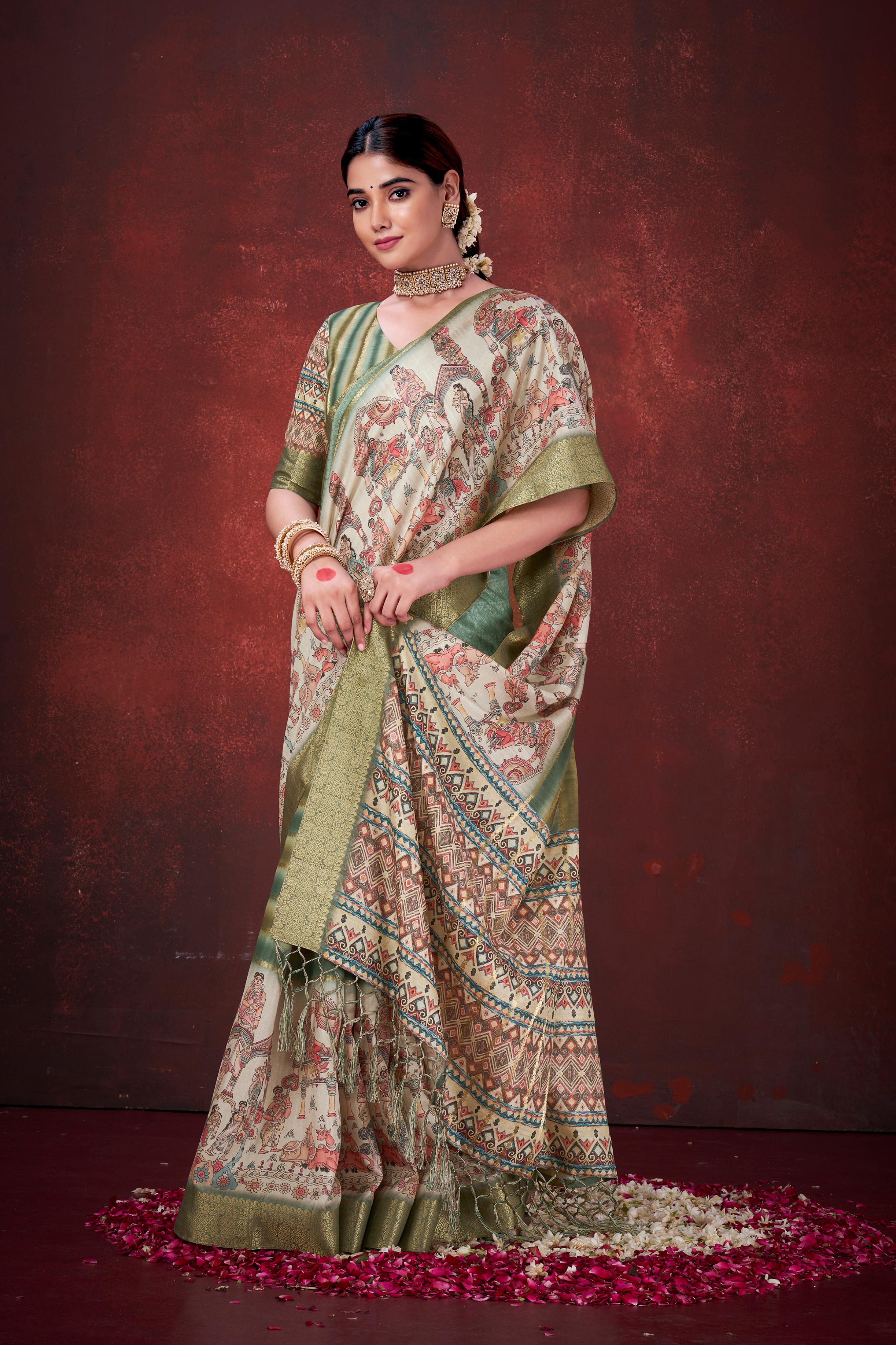Green Premium Silk Saree with Foil Floral Print - Image 4