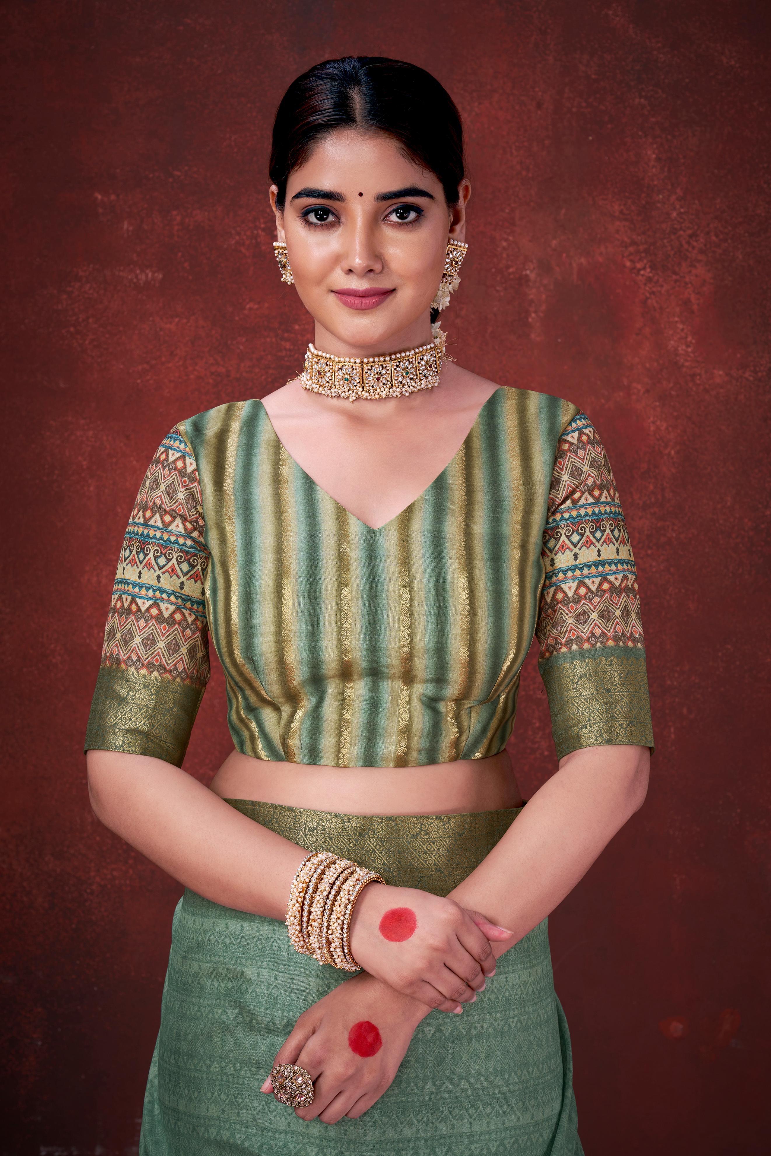 Green Premium Silk Saree with Foil Floral Print - Image 5