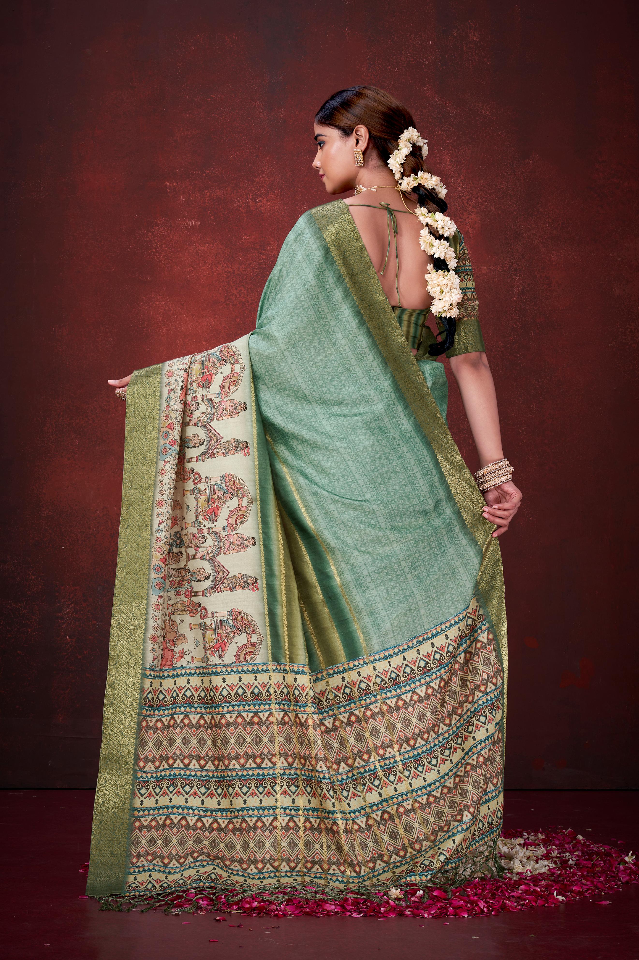 Green Premium Silk Saree with Foil Floral Print - Image 6