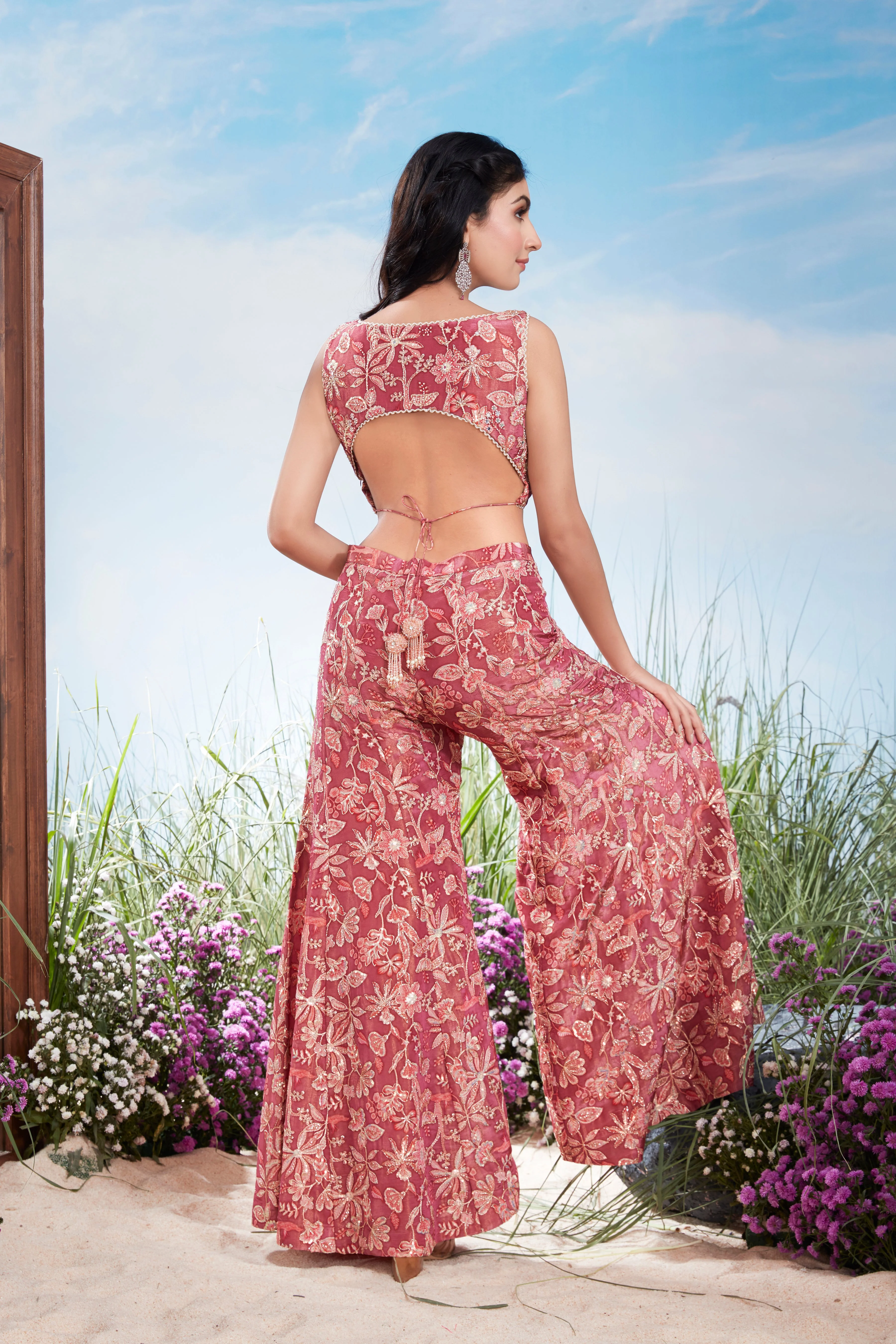 Raspberry Pink Printed Chinon Silk Co-Ord Set - Image 2
