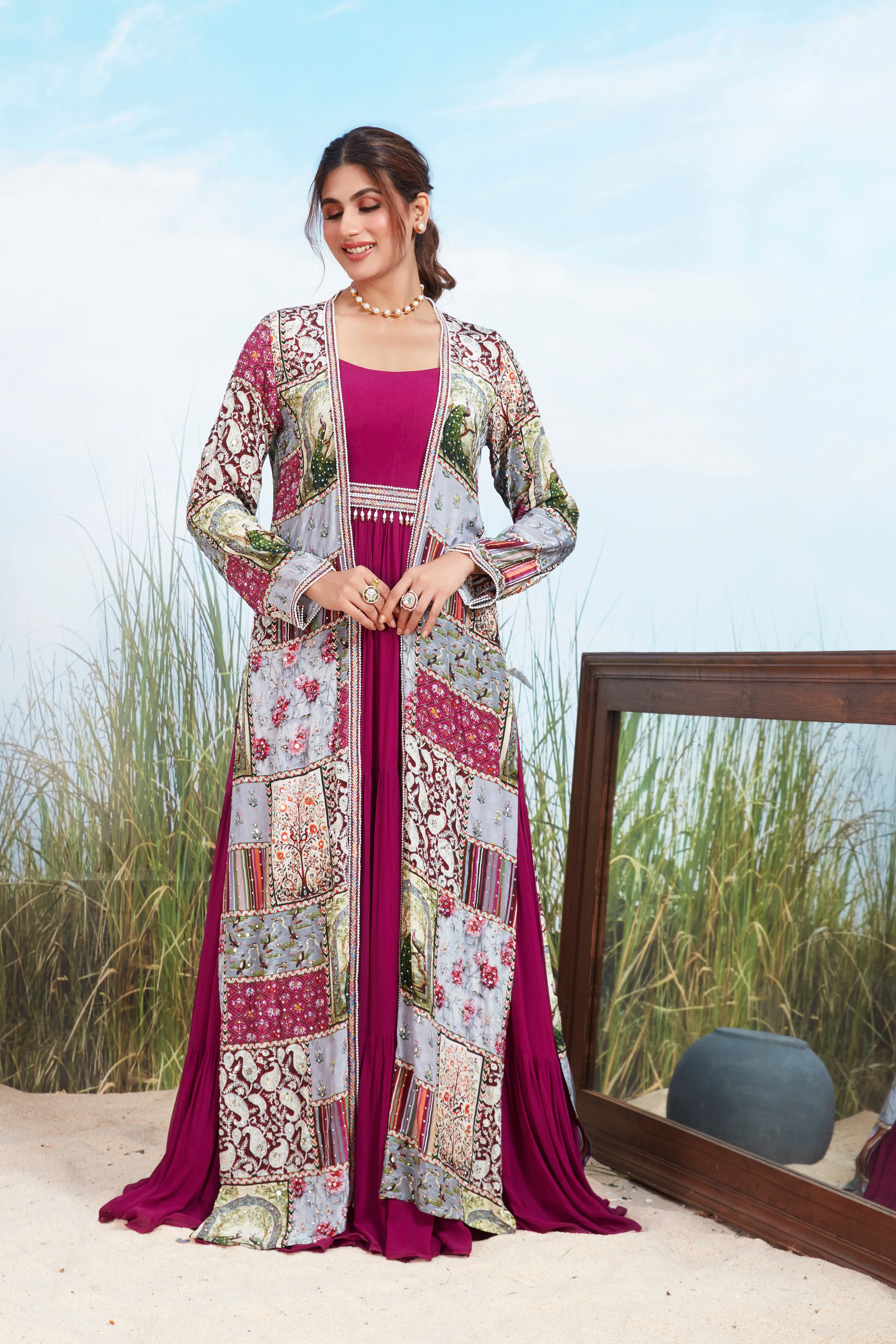 Fuchsia Pink Printed Georgette Silk Gown Set - Image 2