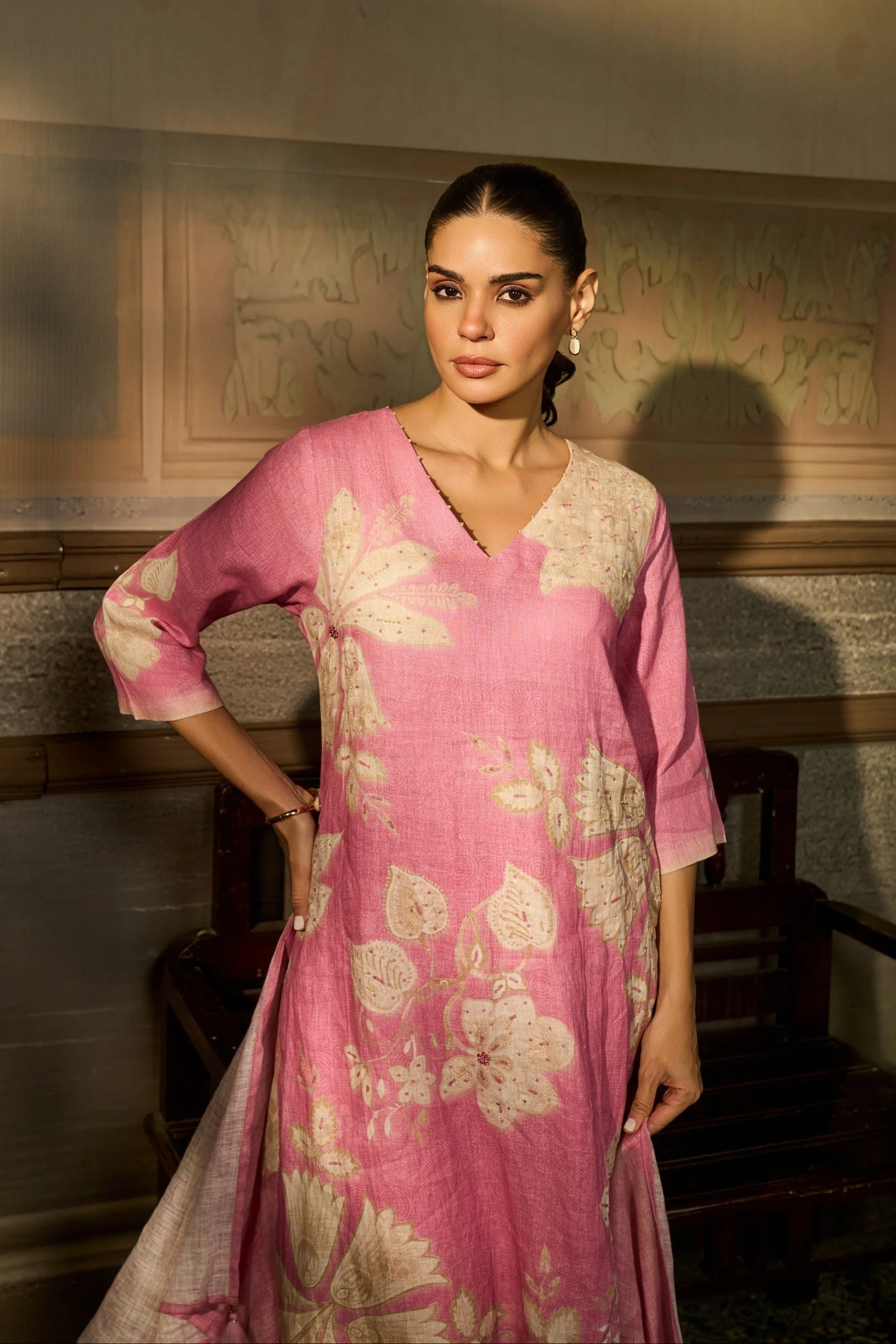 Pink Printed Linen Pant Set - Image 2