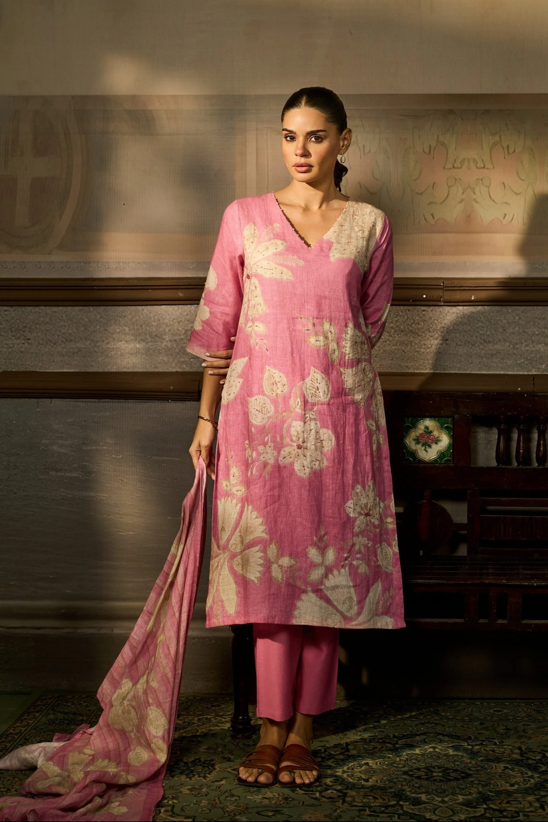 Pink Printed Linen Pant Set - Image 3