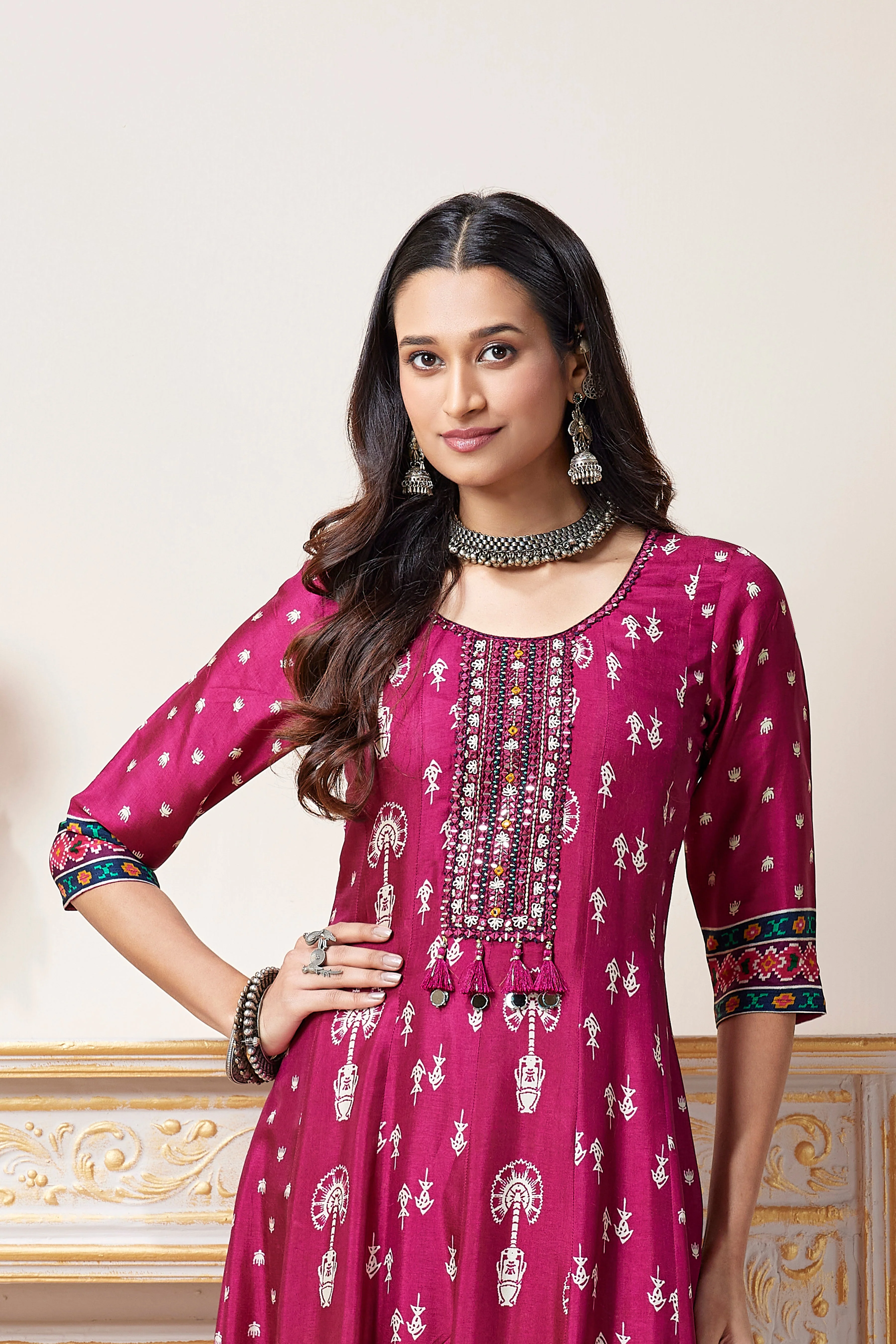 Dark Pink Embellished Muslin Silk Anarkali Gown - Image 2