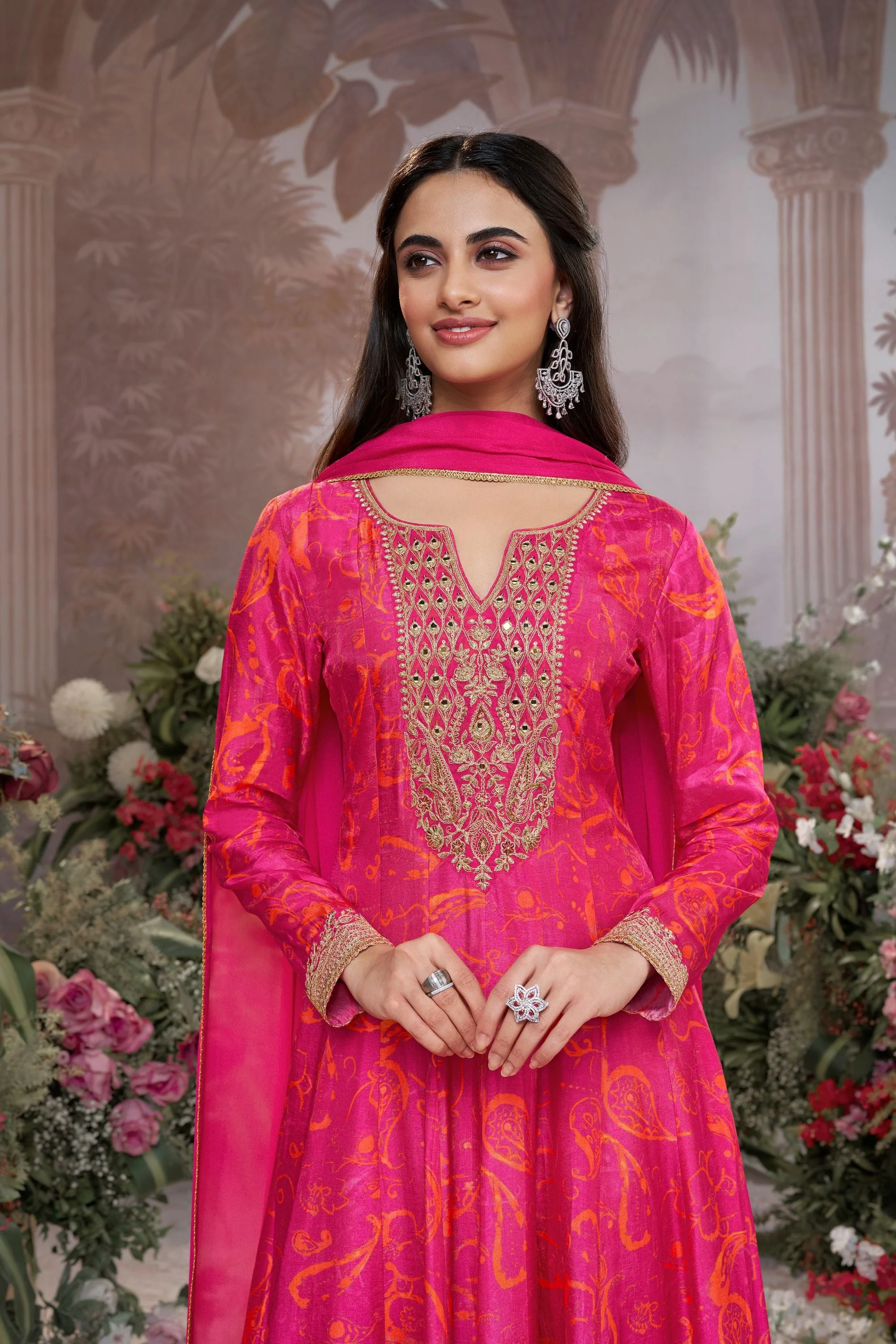 Pink Printed Premium Silk Pants Set - Image 2