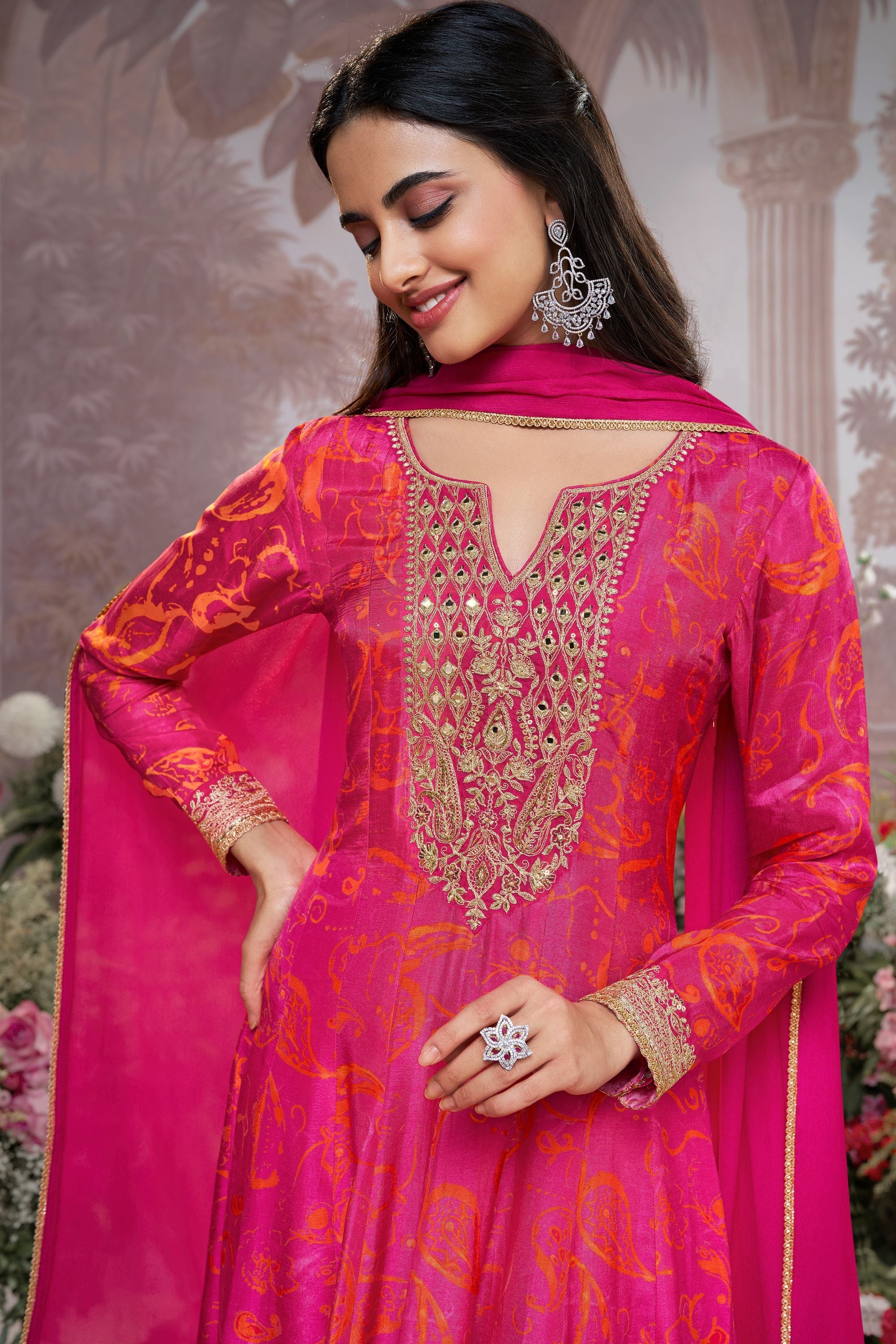 Pink Printed Premium Silk Pants Set - Image 3