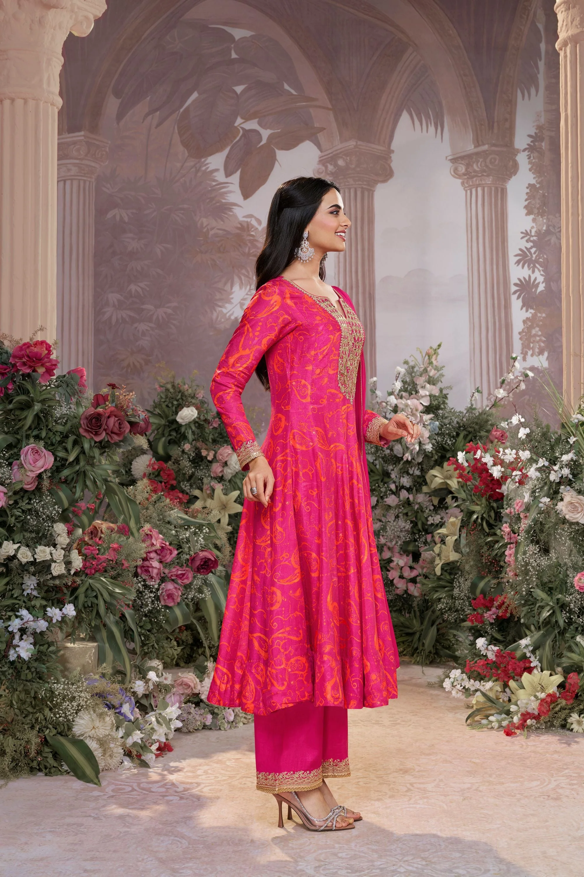 Pink Printed Premium Silk Pants Set - Image 4