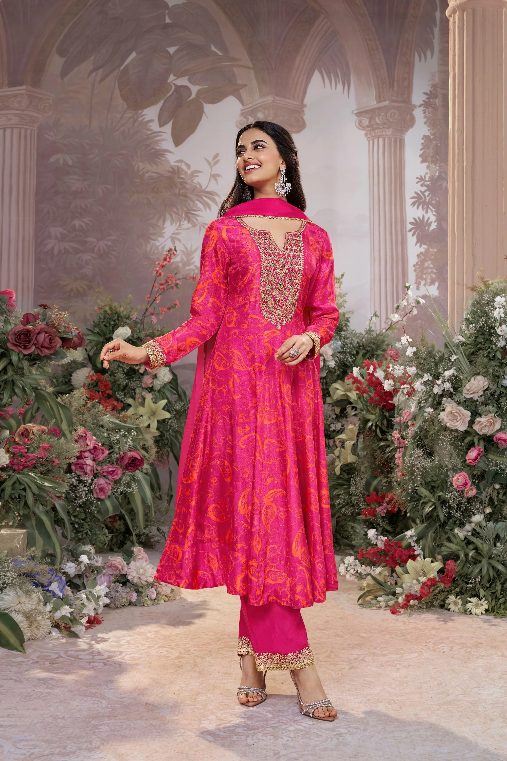 Pink Printed Premium Silk Pants Set - Image 5