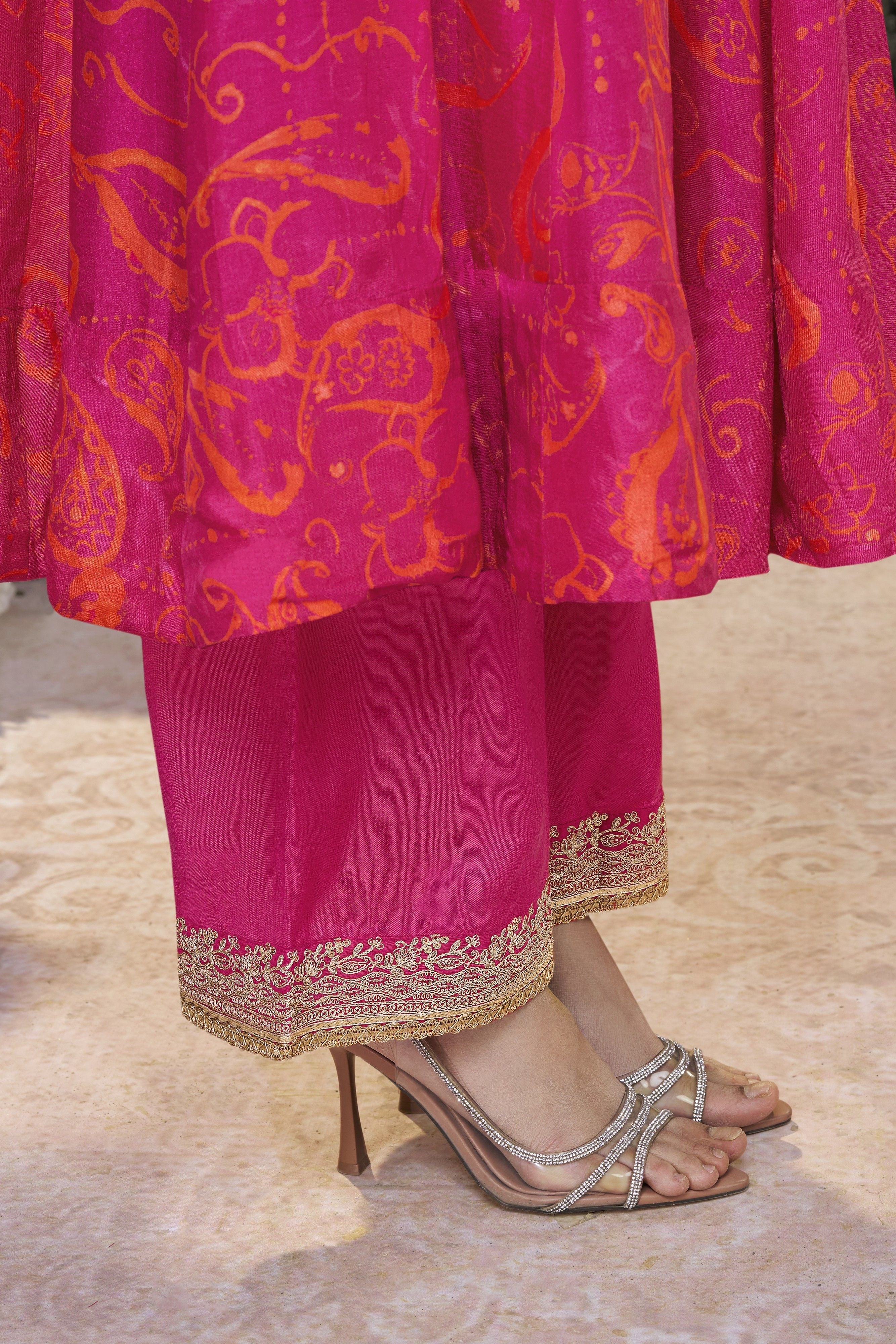Pink Printed Premium Silk Pants Set - Image 7