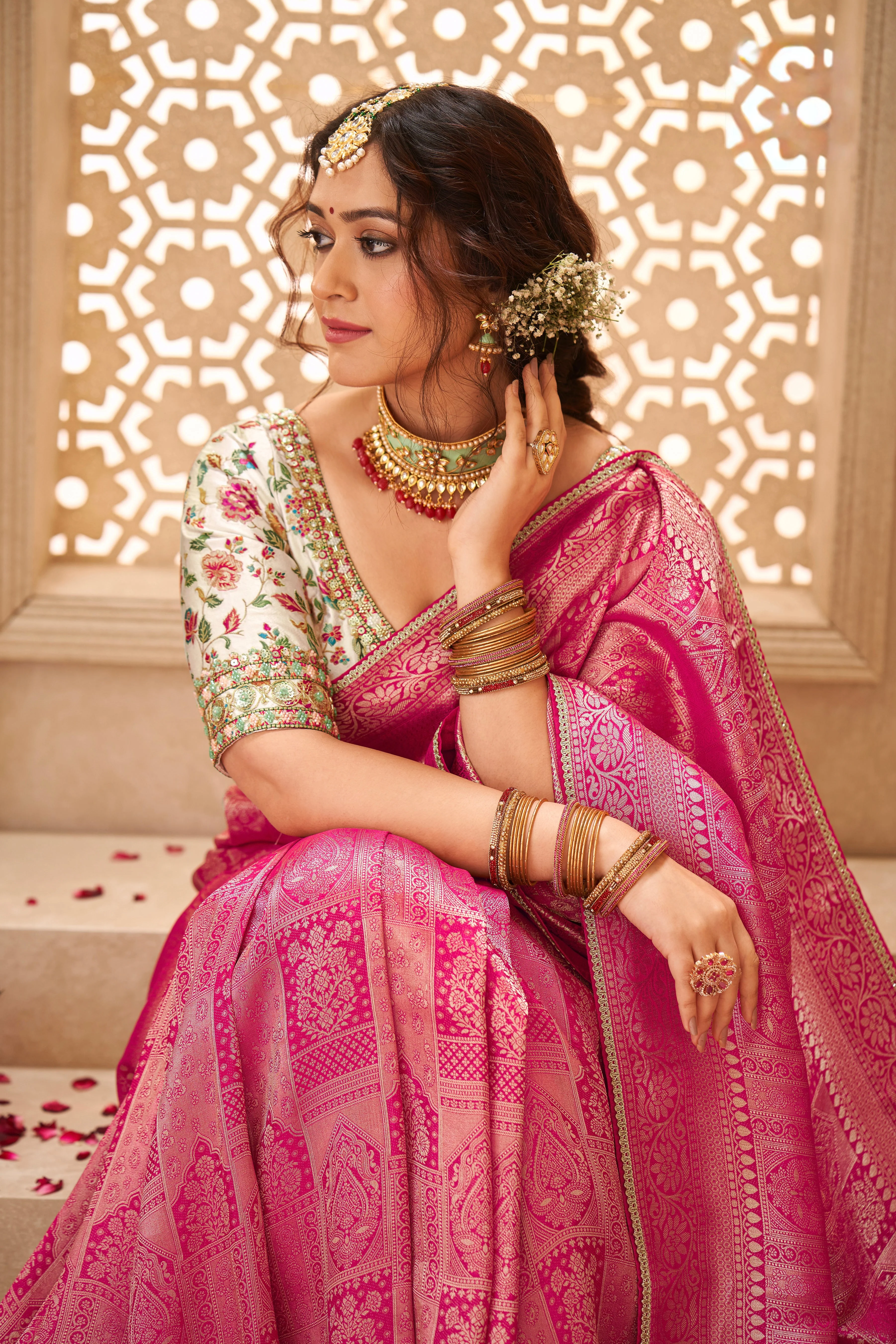 Rani Pink Printed Satin Silk Saree with Banarasi-Inspired Design - Image 2