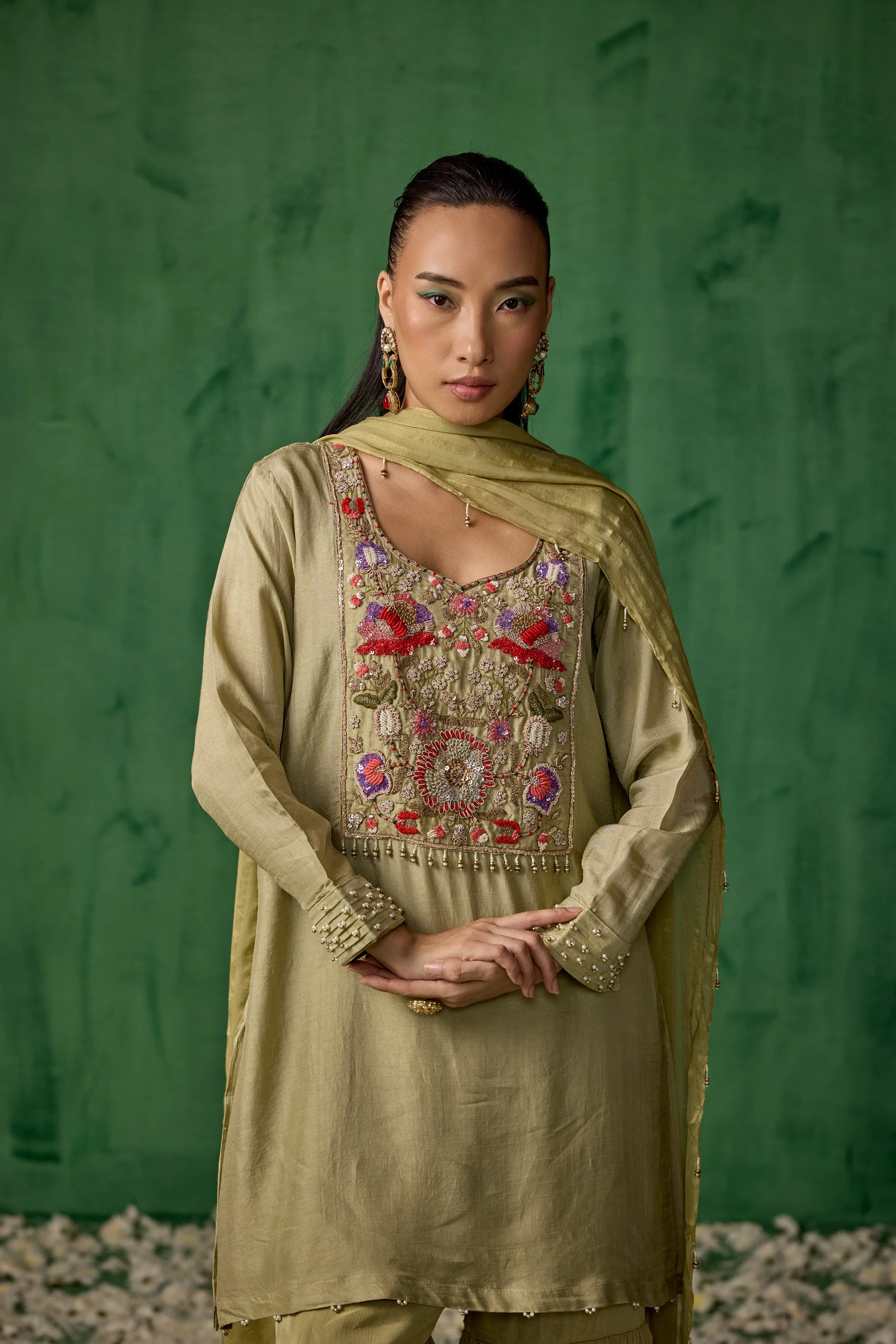 Pista Green Embellished Muslin Silk Sharara Set - Image 3