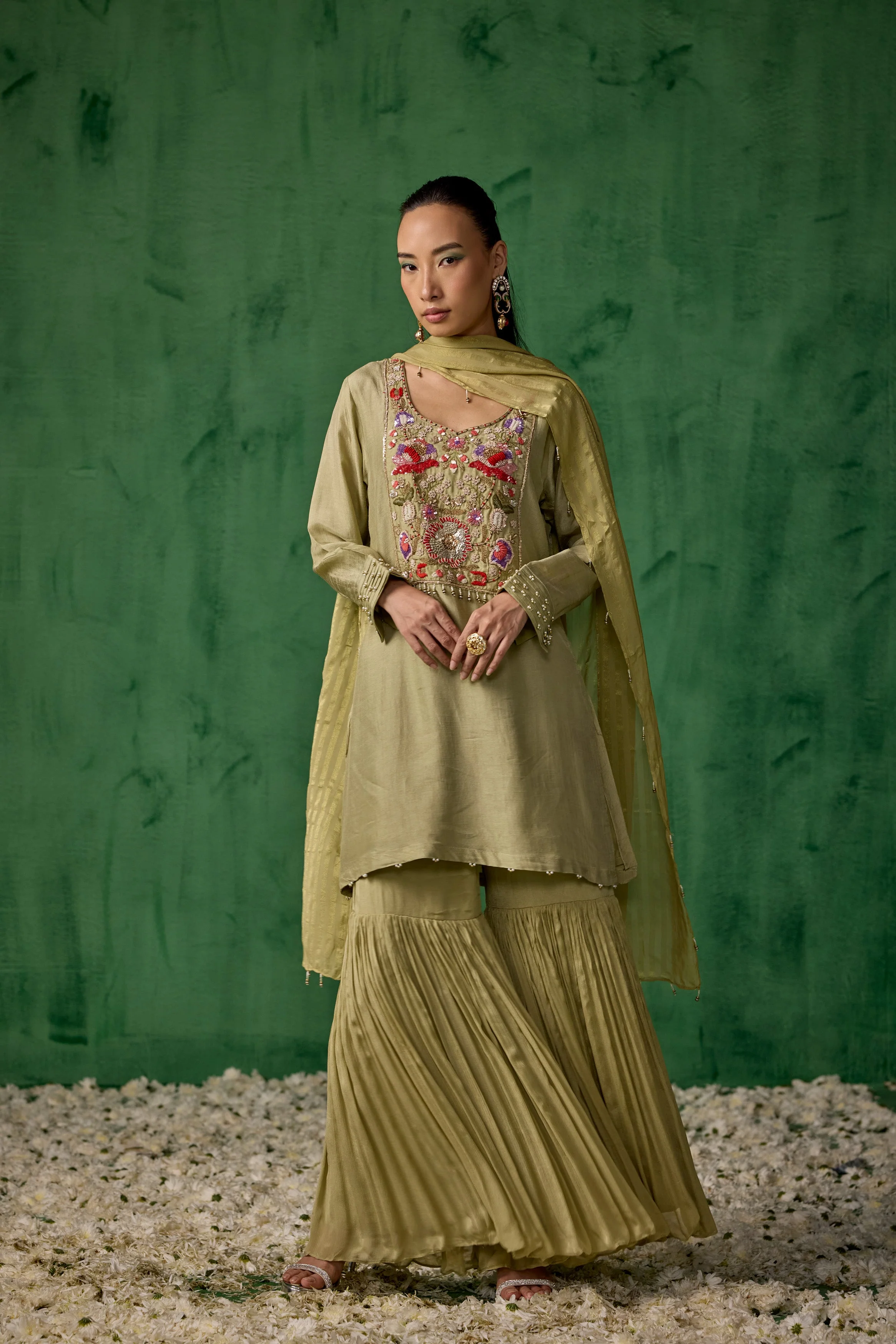 Pista Green Embellished Muslin Silk Sharara Set - Image 4