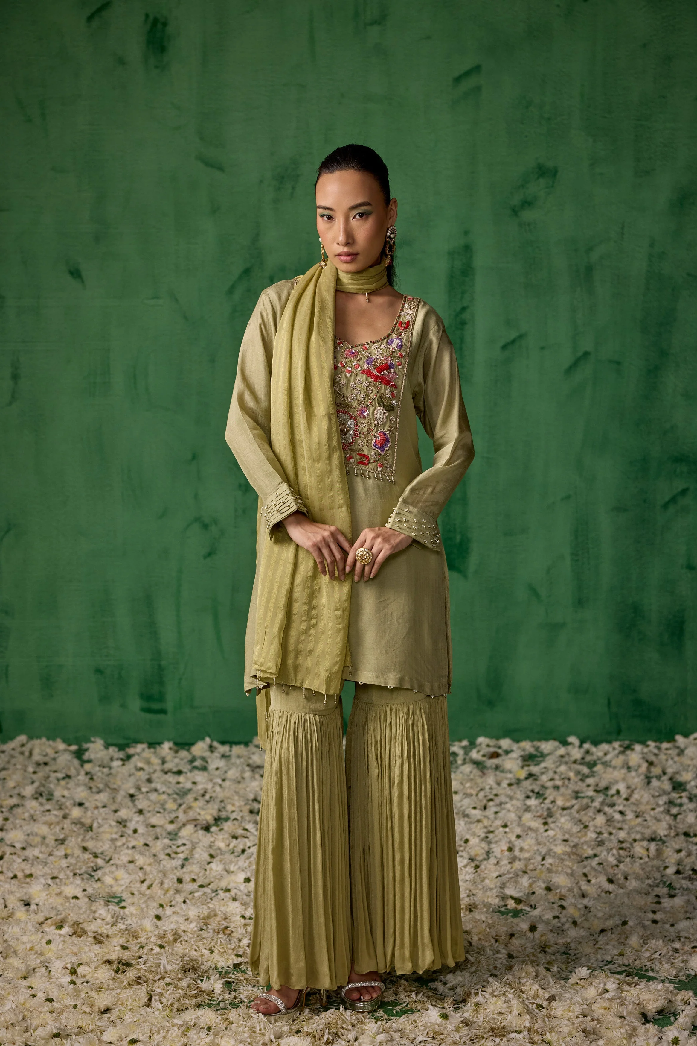 Pista Green Embellished Muslin Silk Sharara Set - Image 5