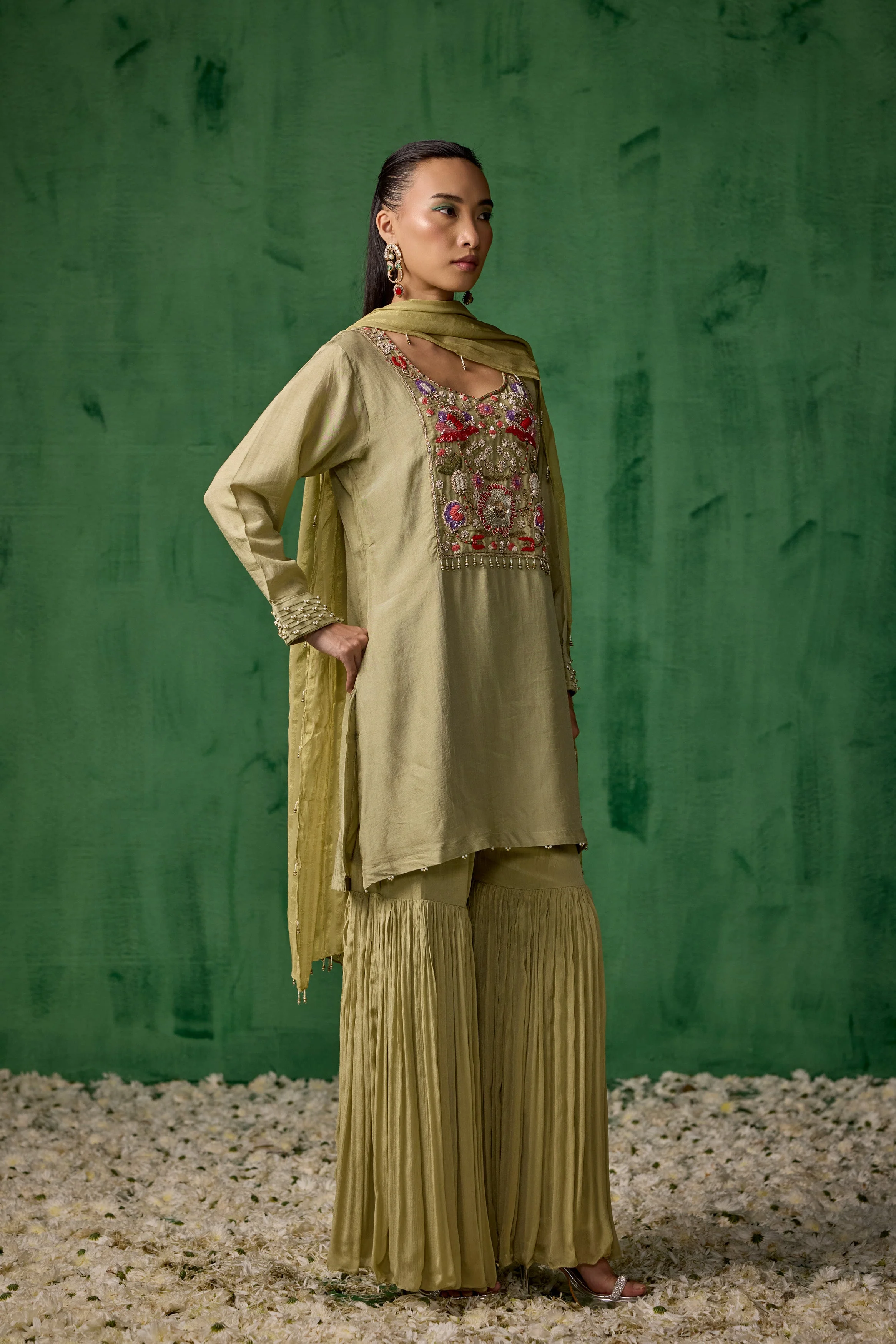 Pista Green Embellished Muslin Silk Sharara Set - Image 6