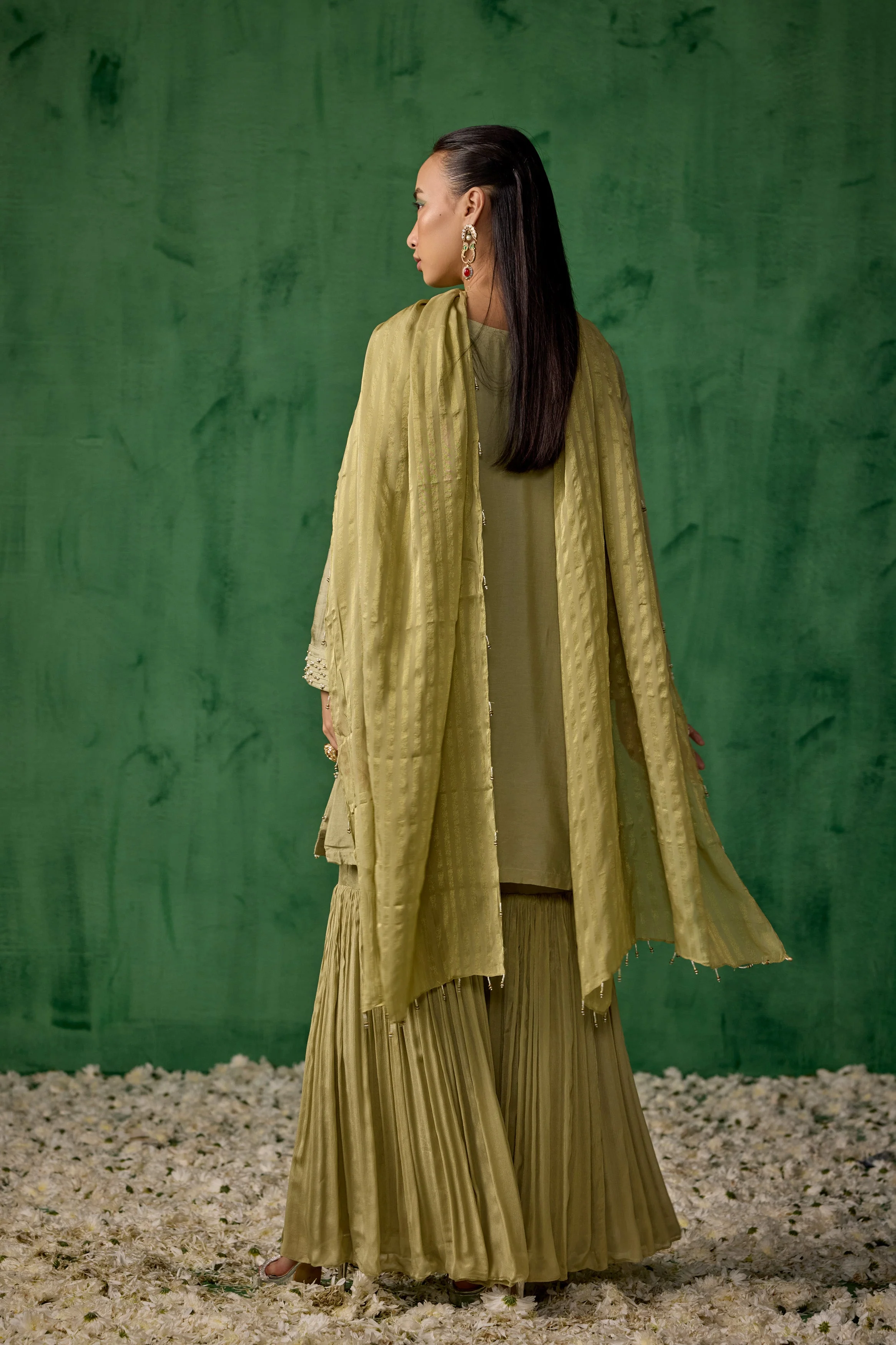 Pista Green Embellished Muslin Silk Sharara Set - Image 7