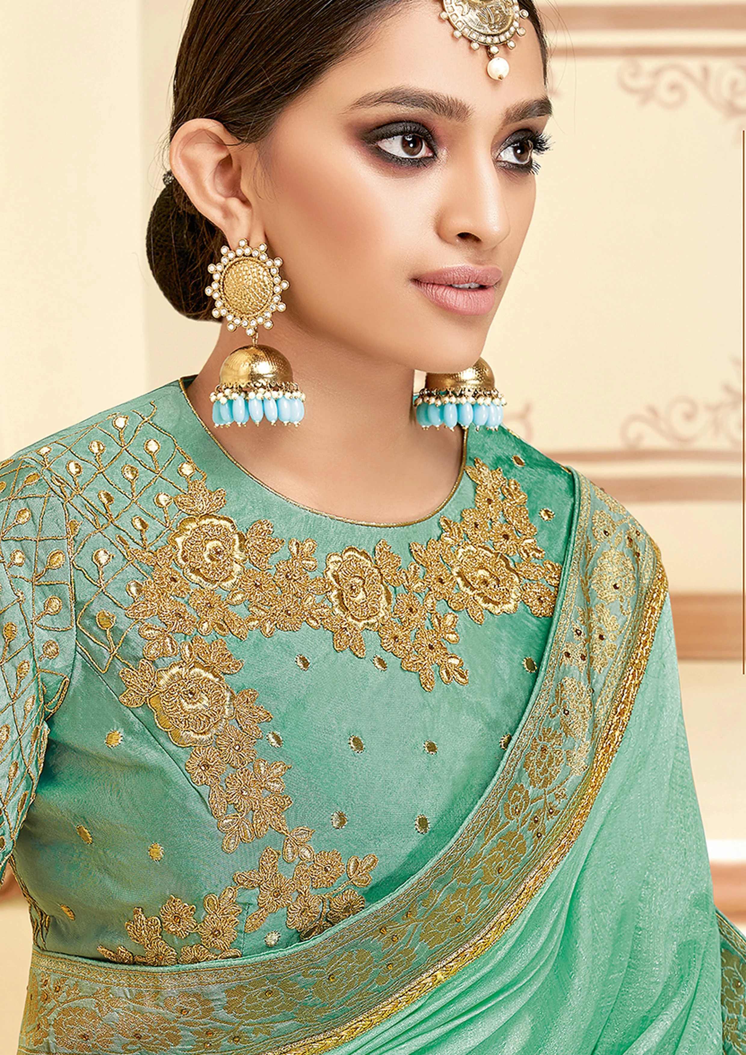 Sea Green Embellished Brocade Silk Saree - Image 2