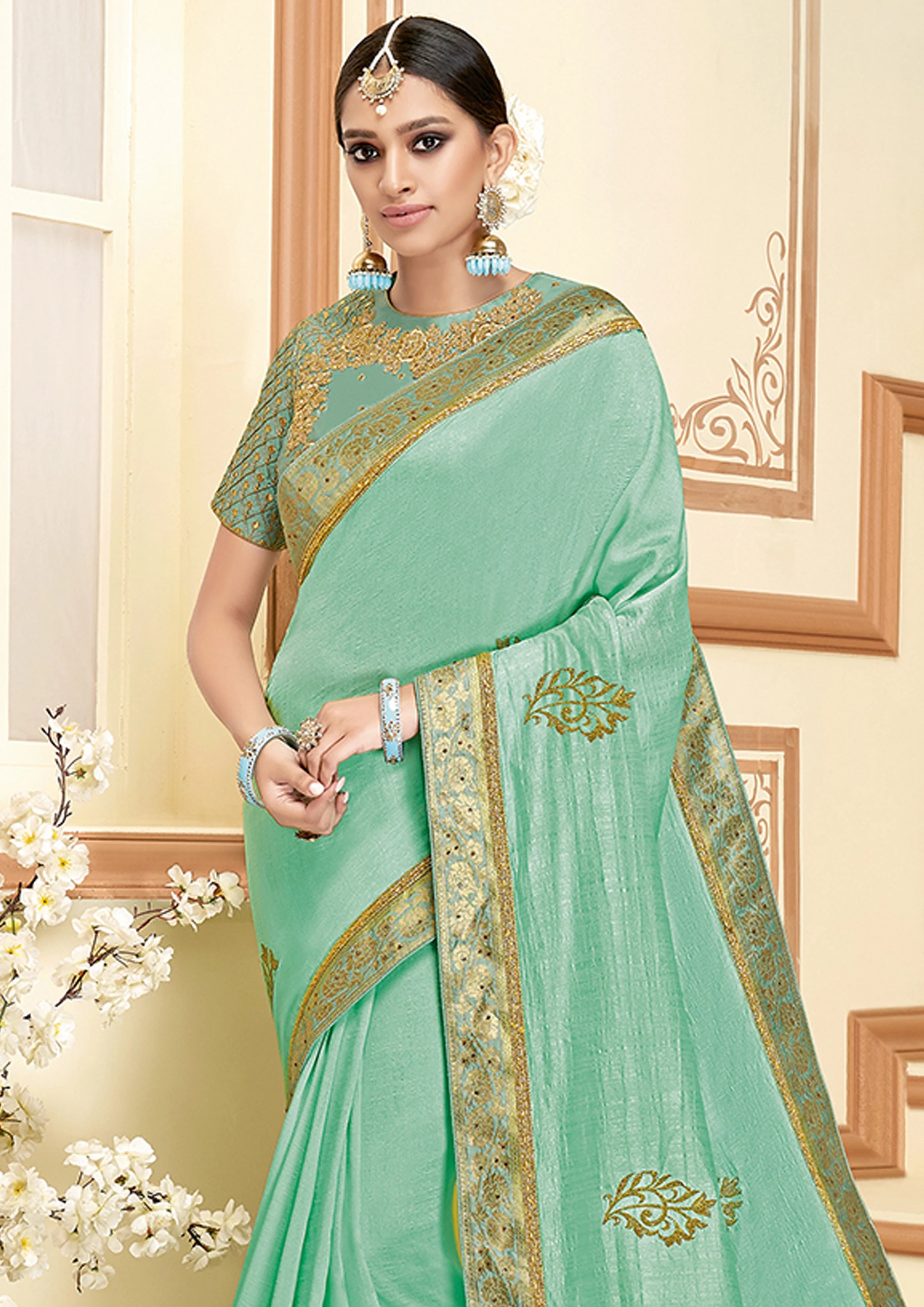 Sea Green Embellished Brocade Silk Saree - Image 3