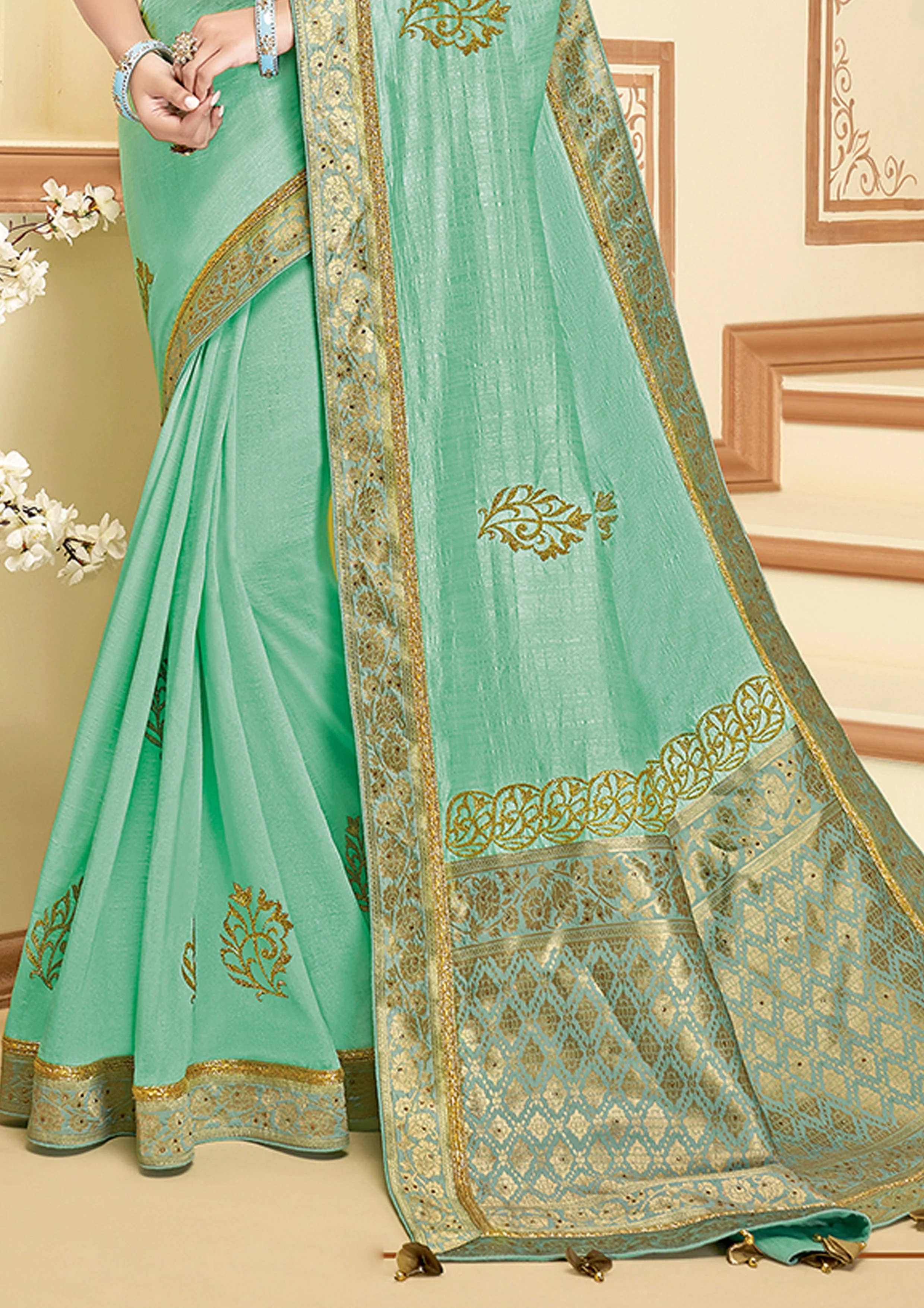 Sea Green Embellished Brocade Silk Saree - Image 4