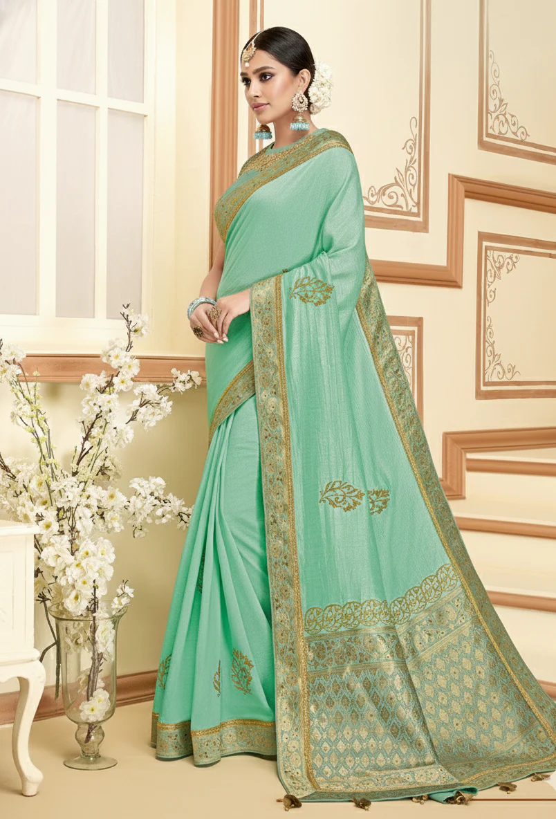 Sea Green Embellished Brocade Silk Saree - Image 5