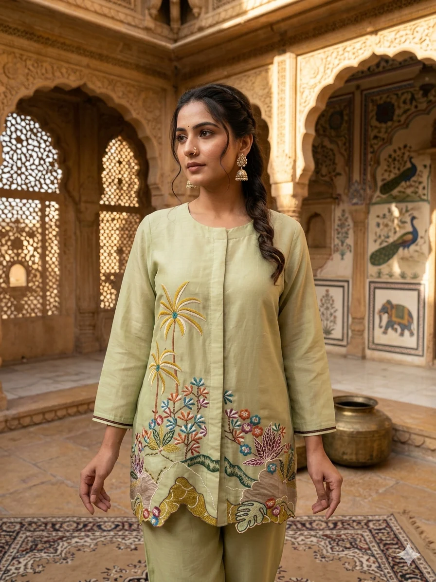 Pista Green Embroidered Cotton Co-Ord Set - Image 2