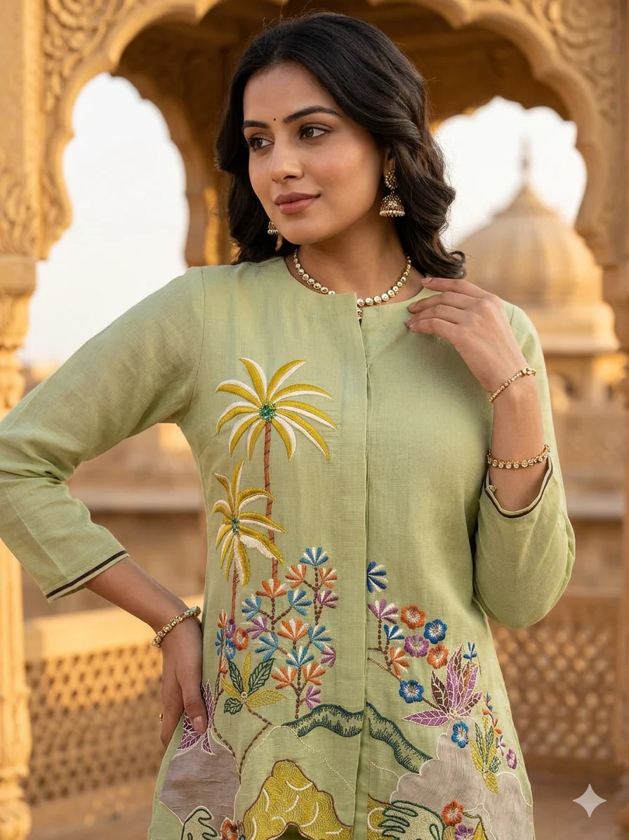 Pista Green Embroidered Cotton Co-Ord Set - Image 3
