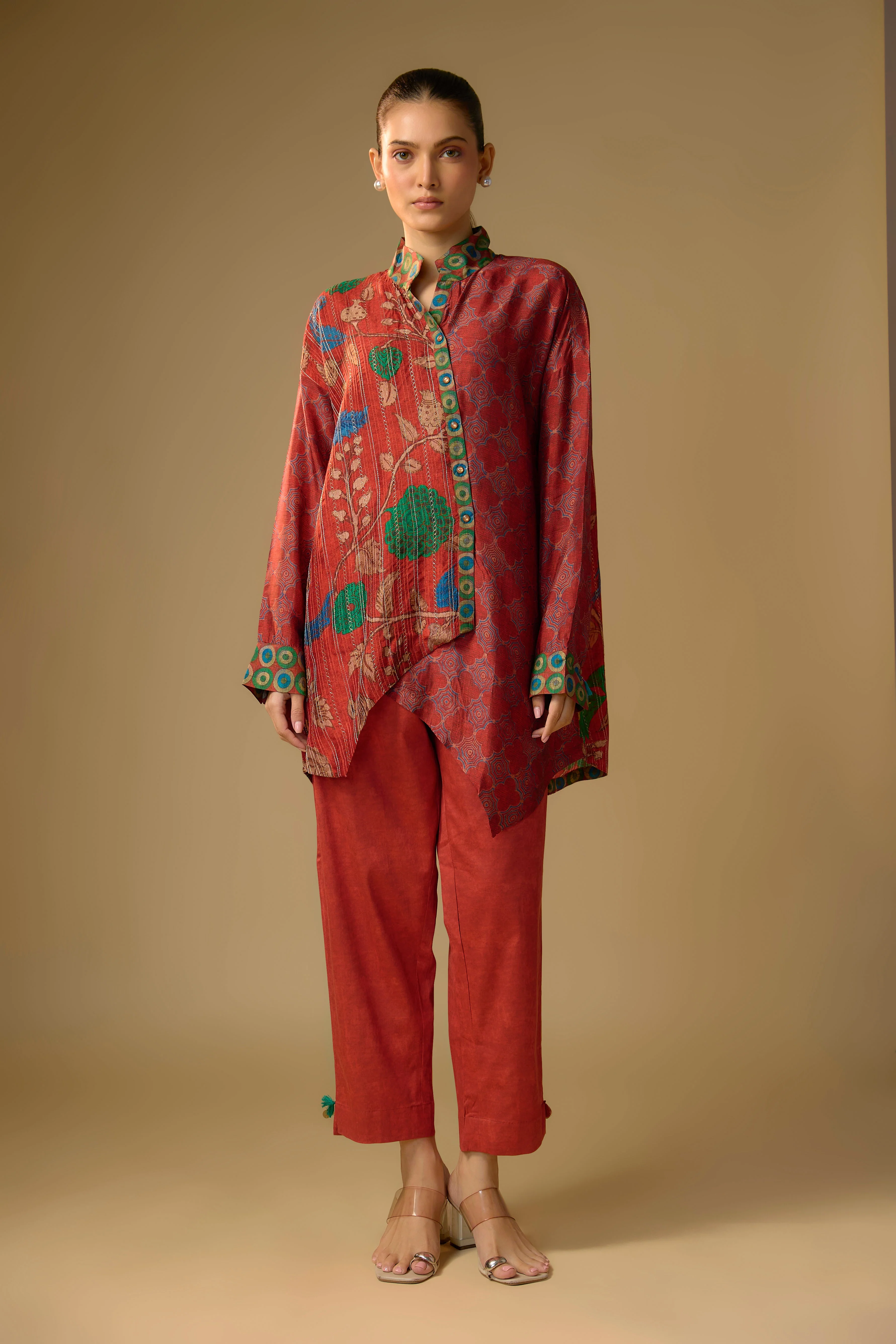 Red Floral Printed Slub Cotton Silk Tunic Top