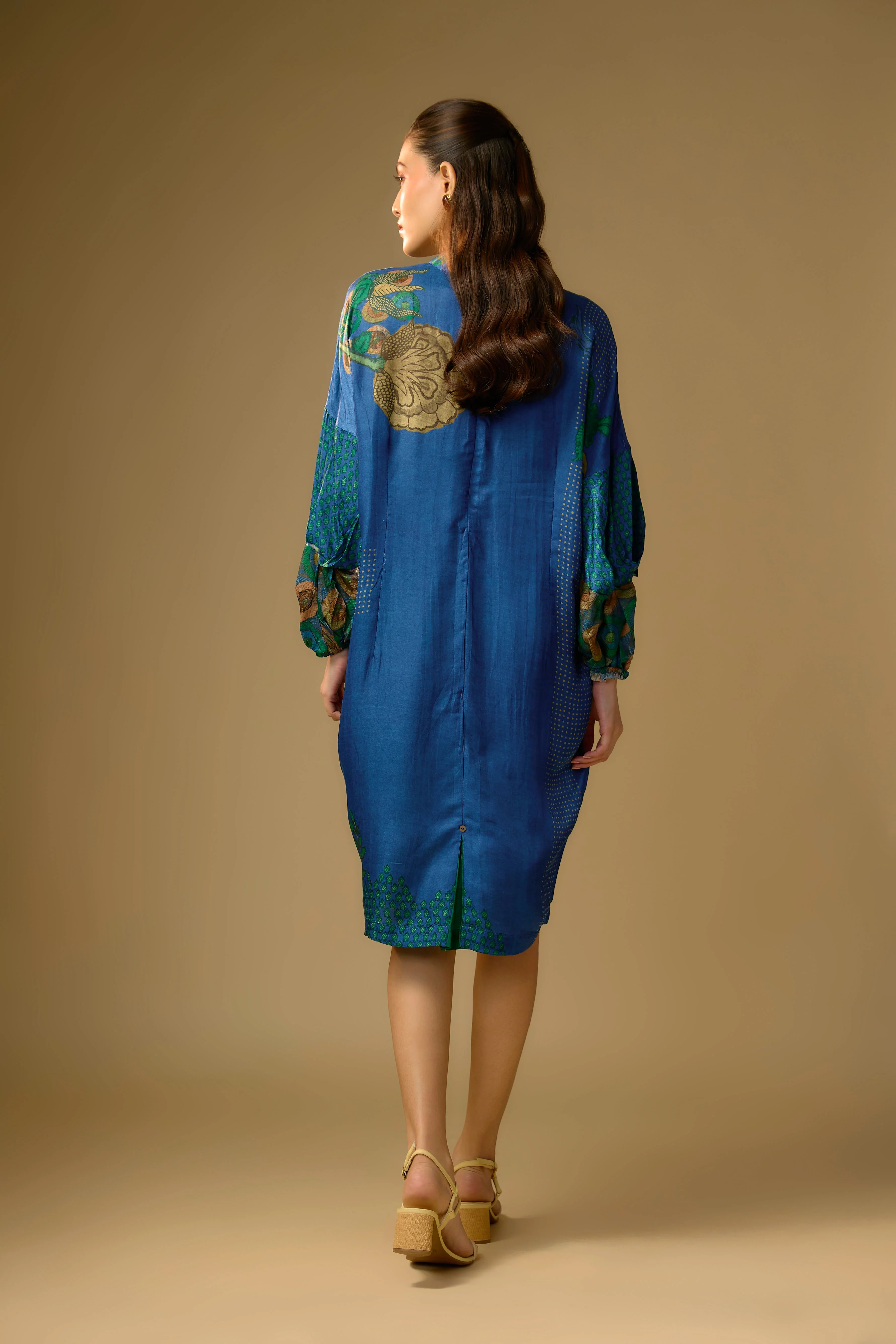 Blue Printed Slub Cotton Silk Tunic Dress - Image 3