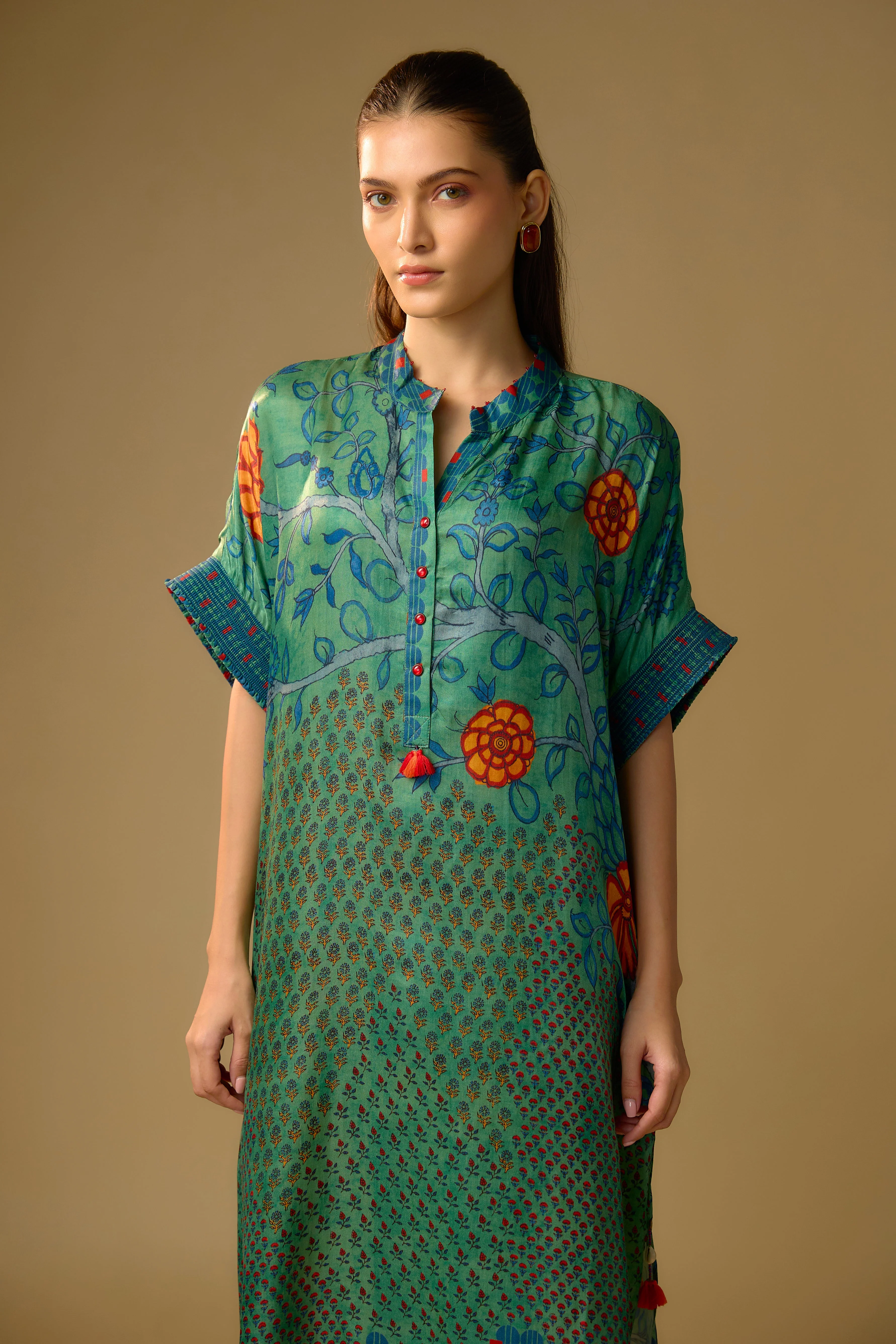 Rama Green Printed Slub Cotton Silk Tunic Long Top - Image 2