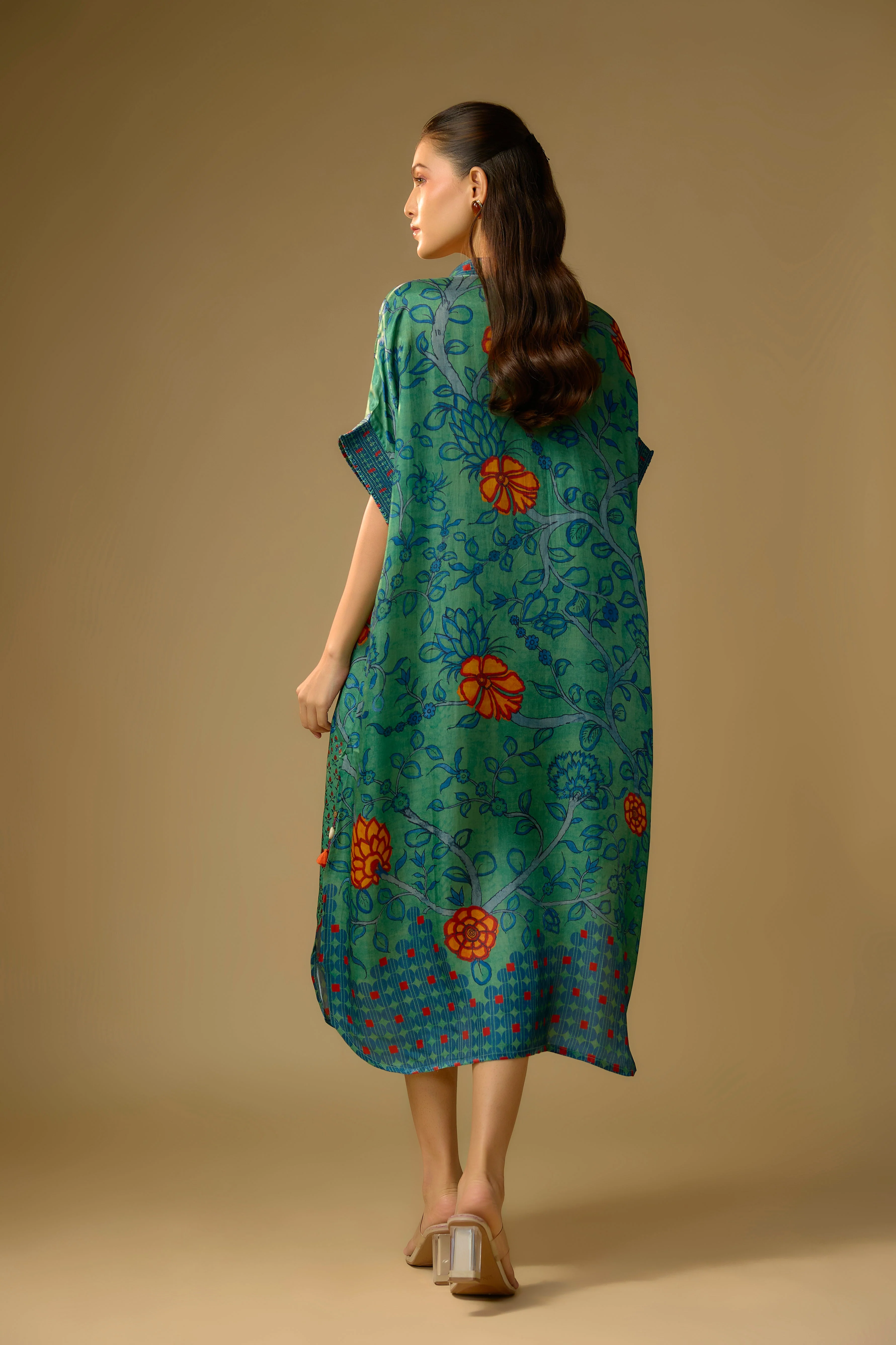 Rama Green Printed Slub Cotton Silk Tunic Long Top - Image 3