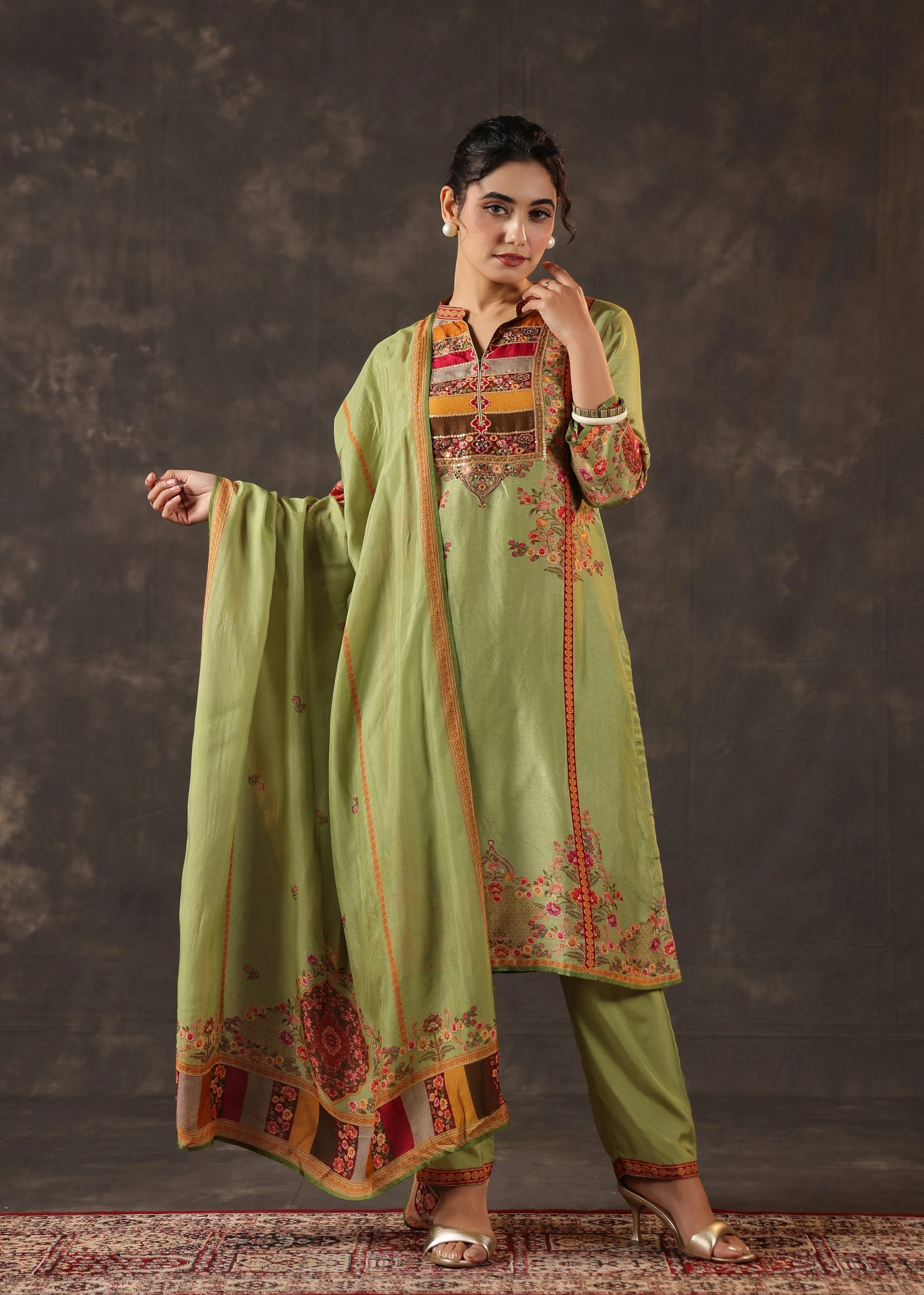 Pistachio Green Embellished Premium Silk Pant Set - Image 3