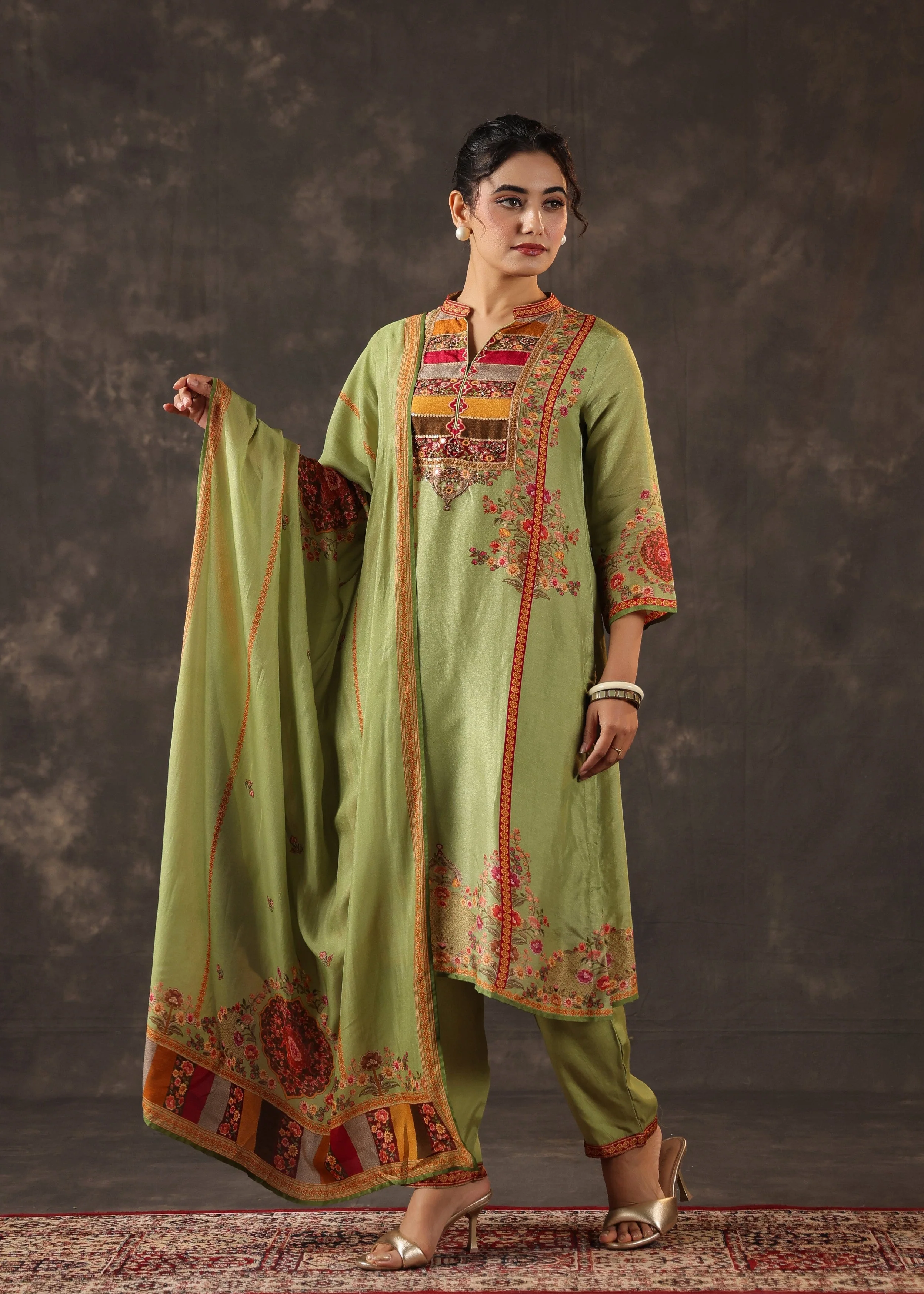 Pistachio Green Embellished Premium Silk Pant Set - Image 4
