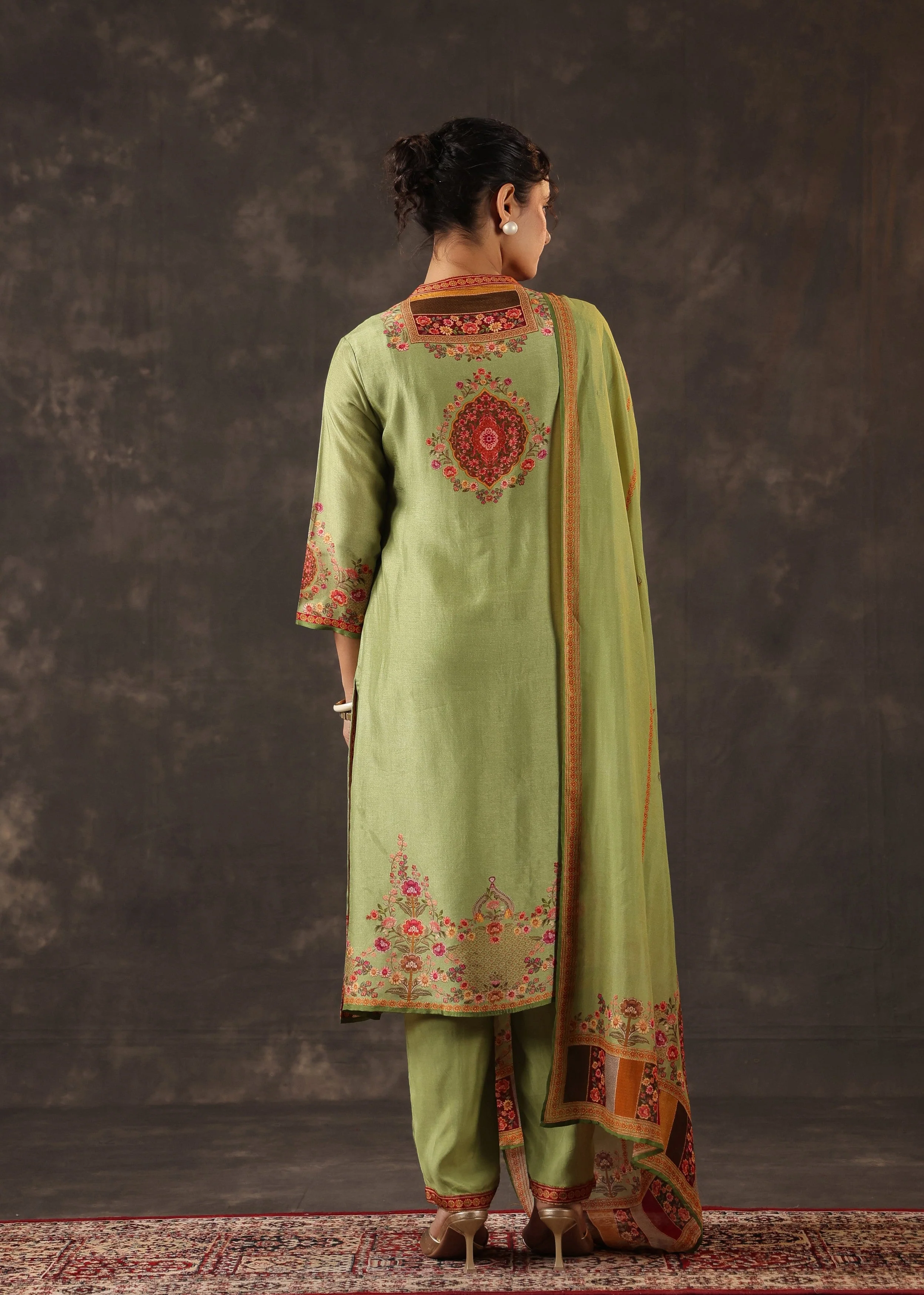 Pistachio Green Embellished Premium Silk Pant Set - Image 5