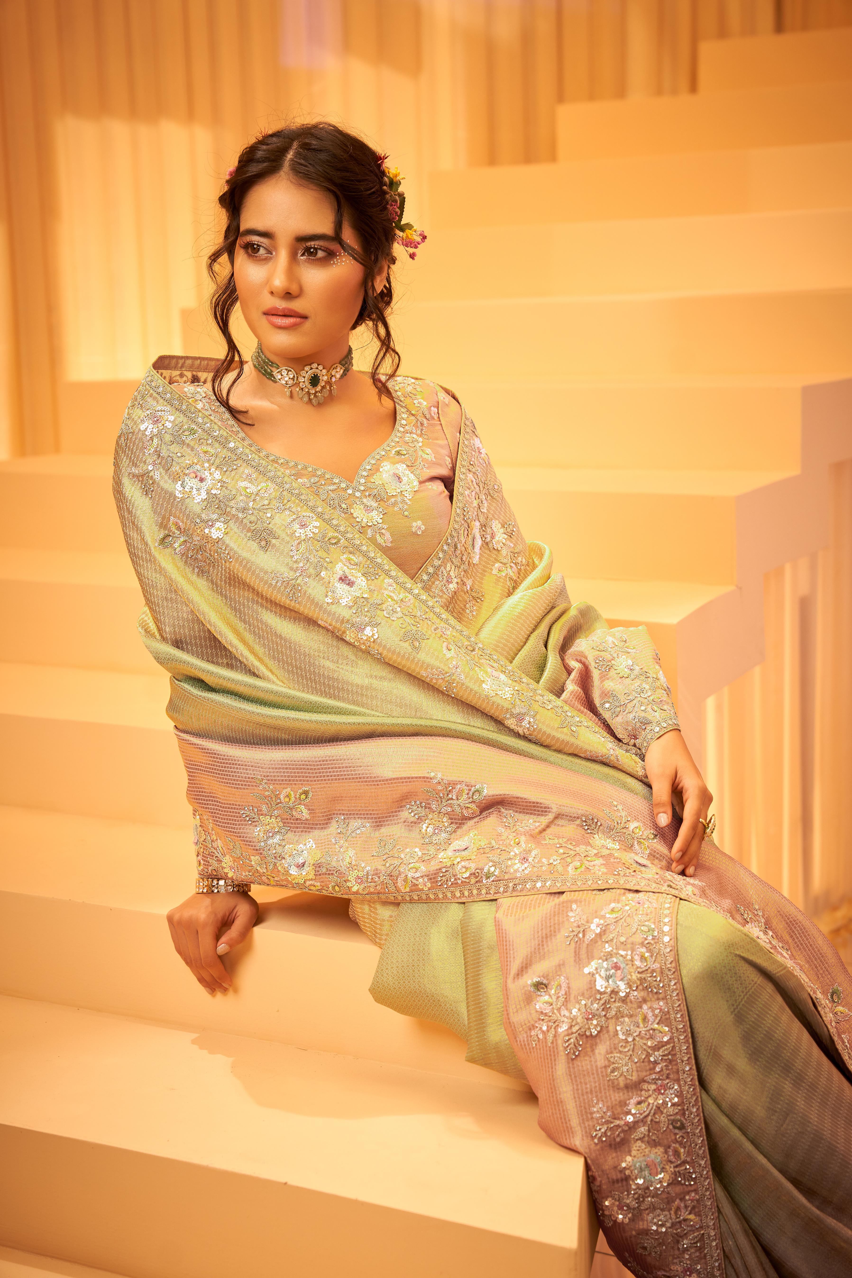Soft Pink & Green Embellished Shimmer Tissue Silk Saree - Image 3