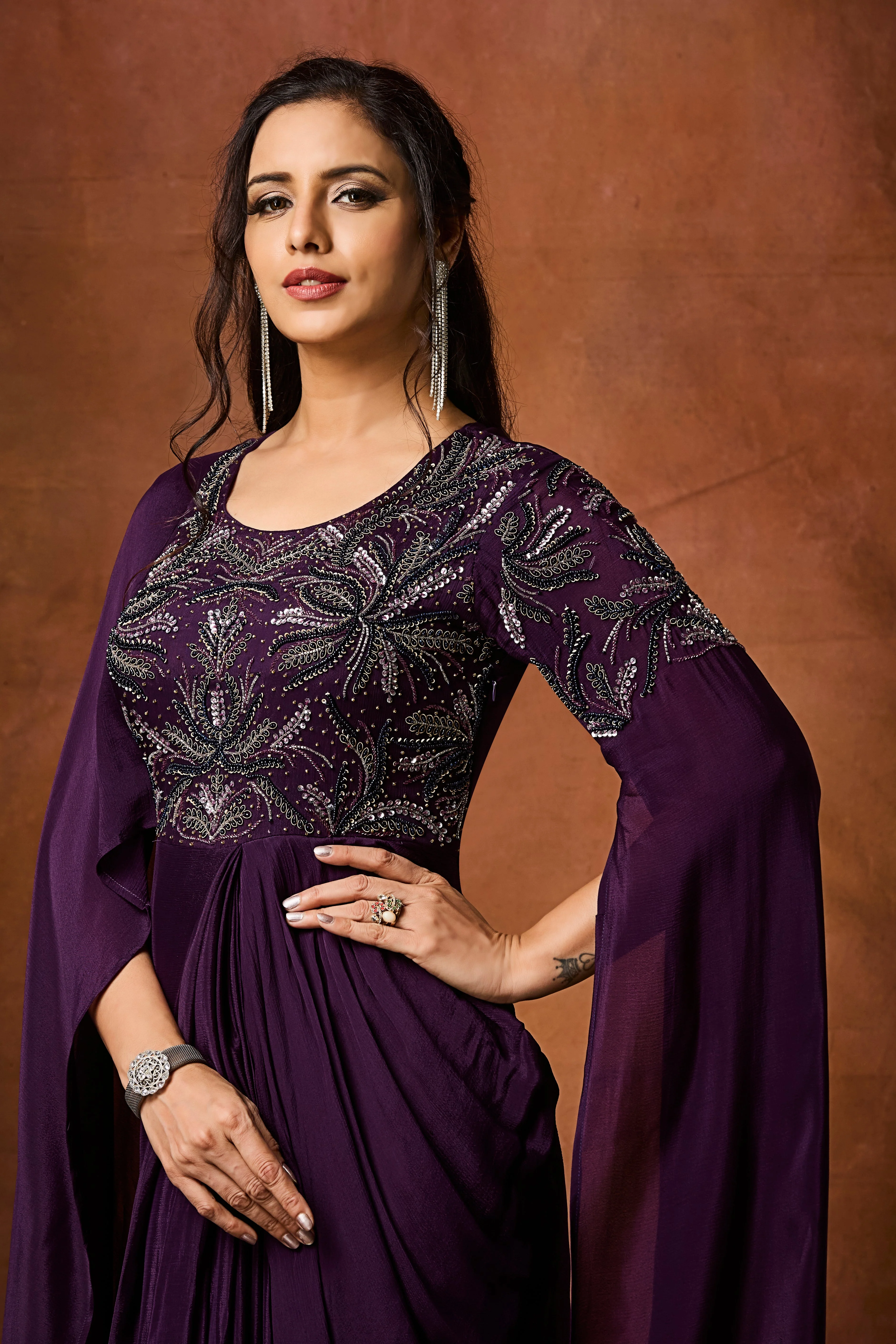 Imperial Plum Embellished Chinon Silk Gown - Image 2